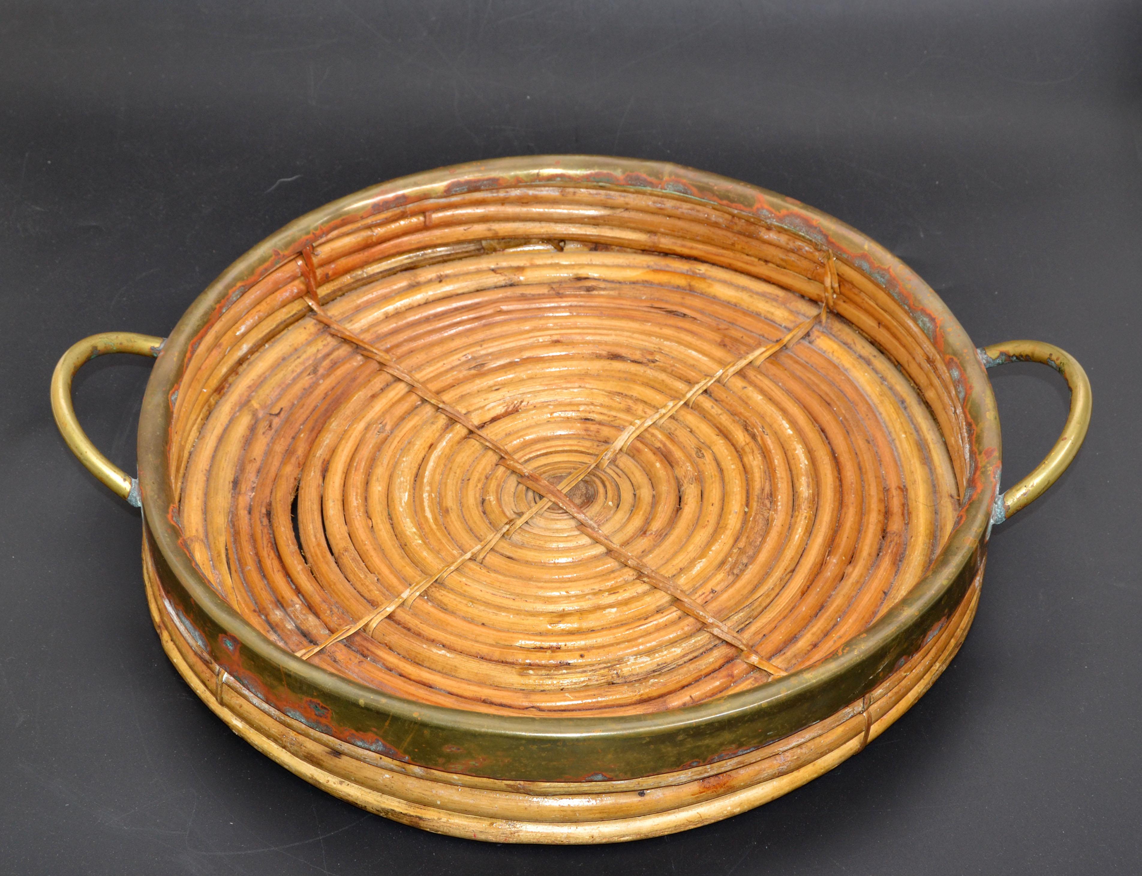 American 1950s Bohemian Handcrafted Round Bamboo Wood & Brass Serving Tray Handles