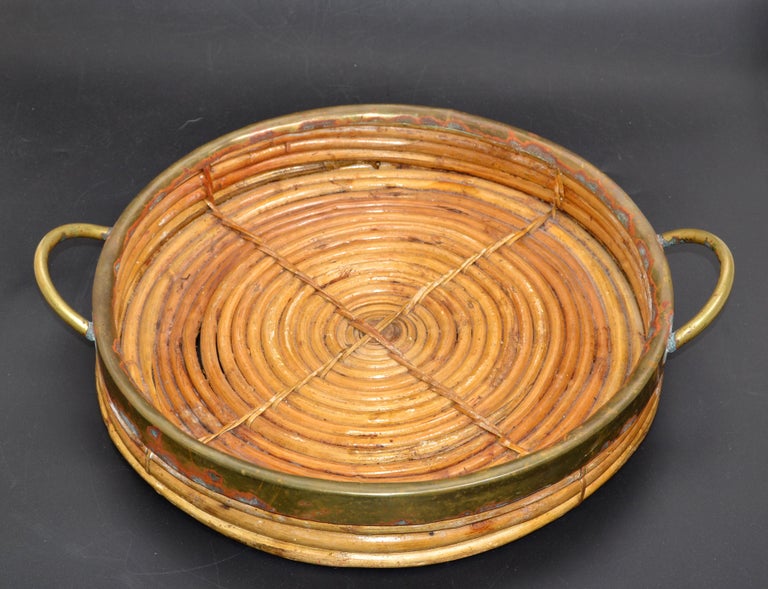 American 1950s Bohemian Handcrafted Round Bamboo Wood & Brass Serving Tray Handles For Sale