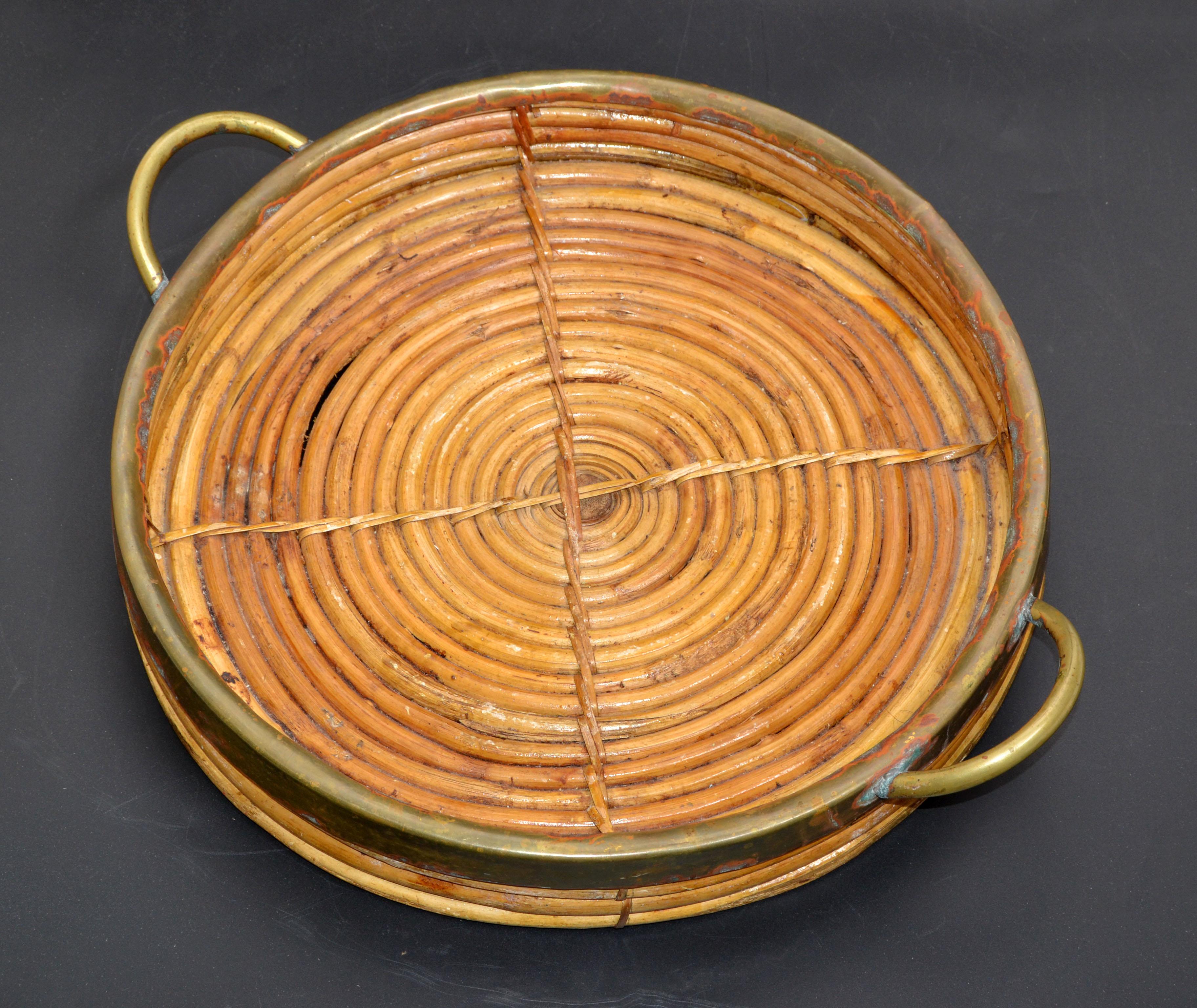 Hand-Crafted 1950s Bohemian Handcrafted Round Bamboo Wood & Brass Serving Tray Handles