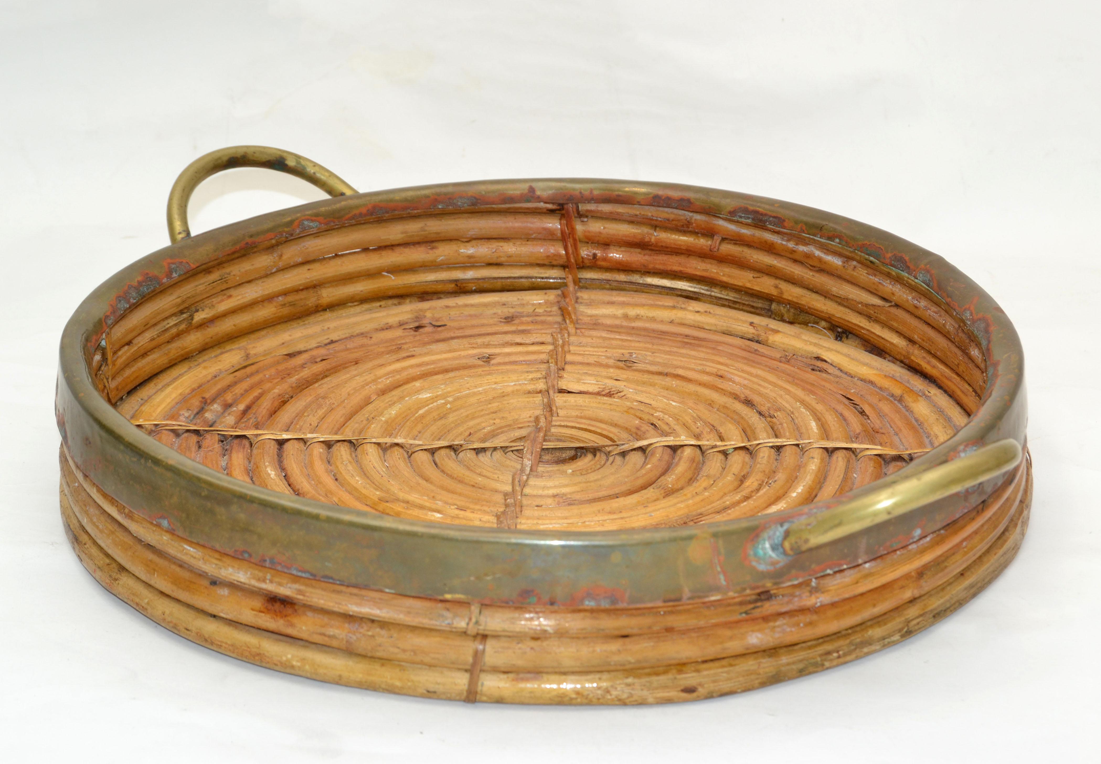 1950s Bohemian Handcrafted Round Bamboo Wood & Brass Serving Tray Handles In Good Condition In Miami, FL