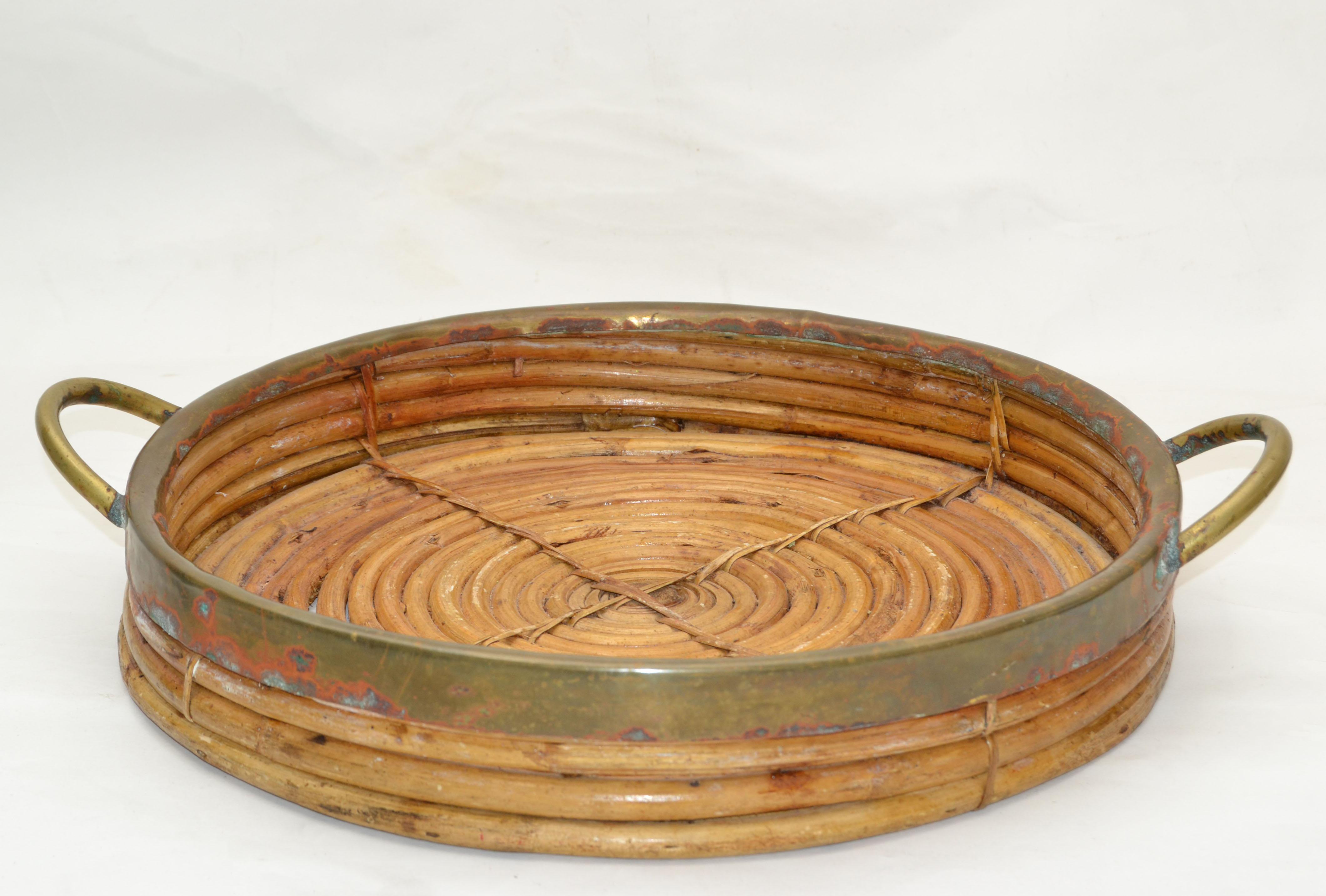 Mid-20th Century 1950s Bohemian Handcrafted Round Bamboo Wood & Brass Serving Tray Handles