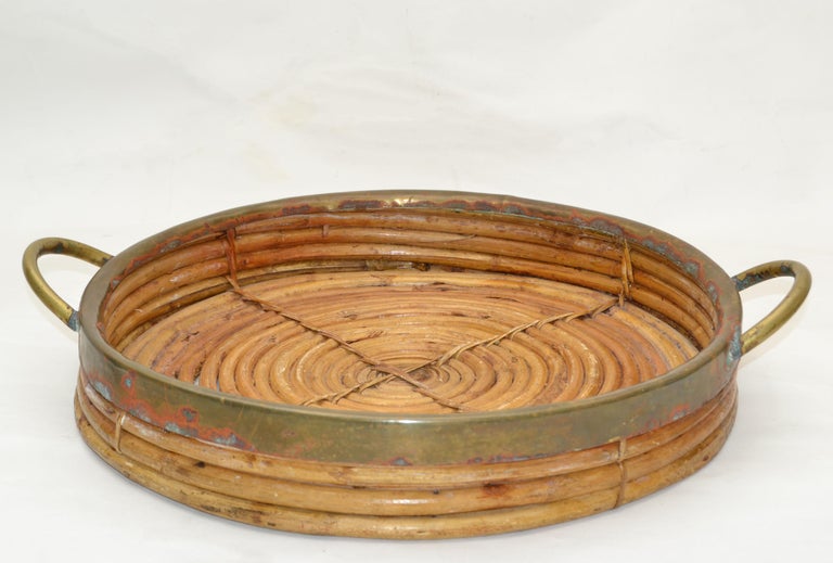 Mid-20th Century 1950s Bohemian Handcrafted Round Bamboo Wood & Brass Serving Tray Handles For Sale