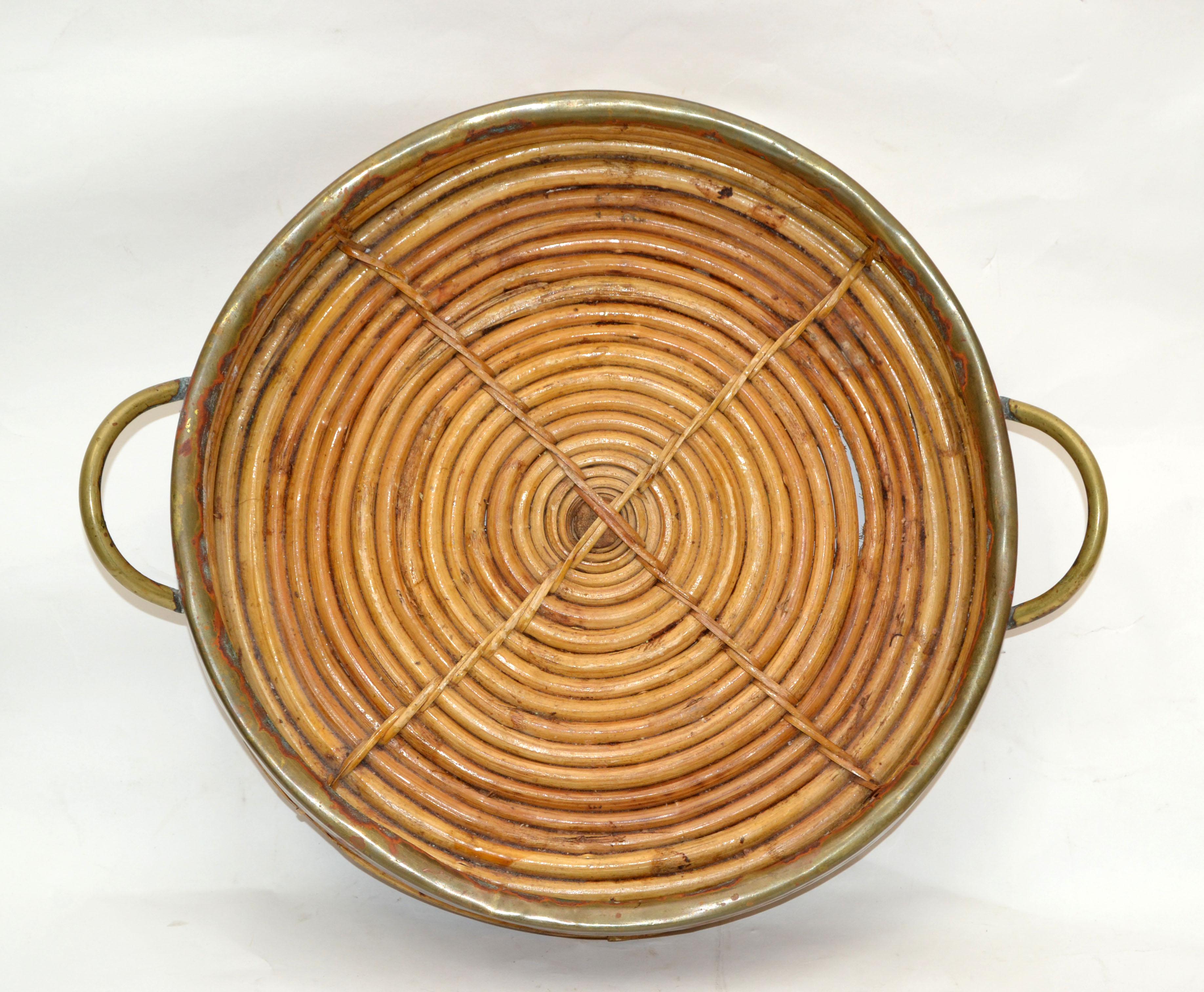 1950s Bohemian Handcrafted Round Bamboo Wood & Brass Serving Tray Handles 1