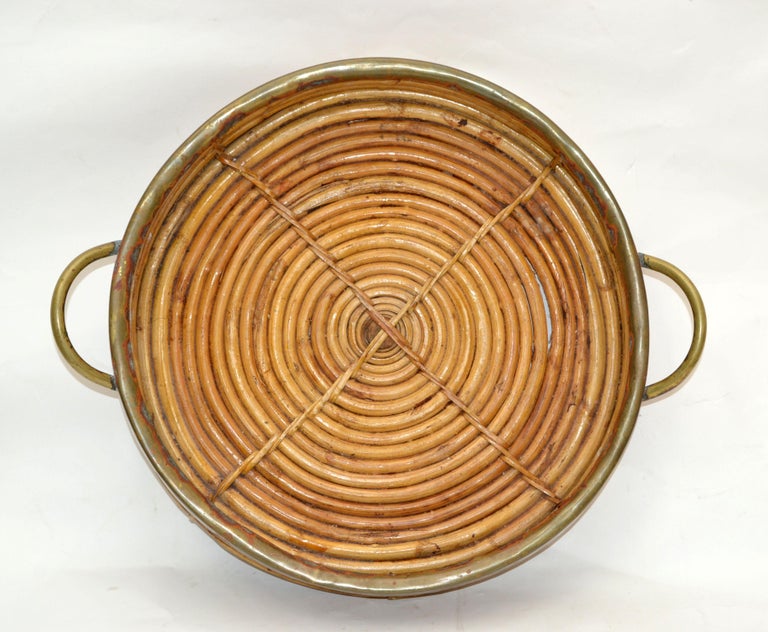 1950s Bohemian Handcrafted Round Bamboo Wood & Brass Serving Tray Handles For Sale 1