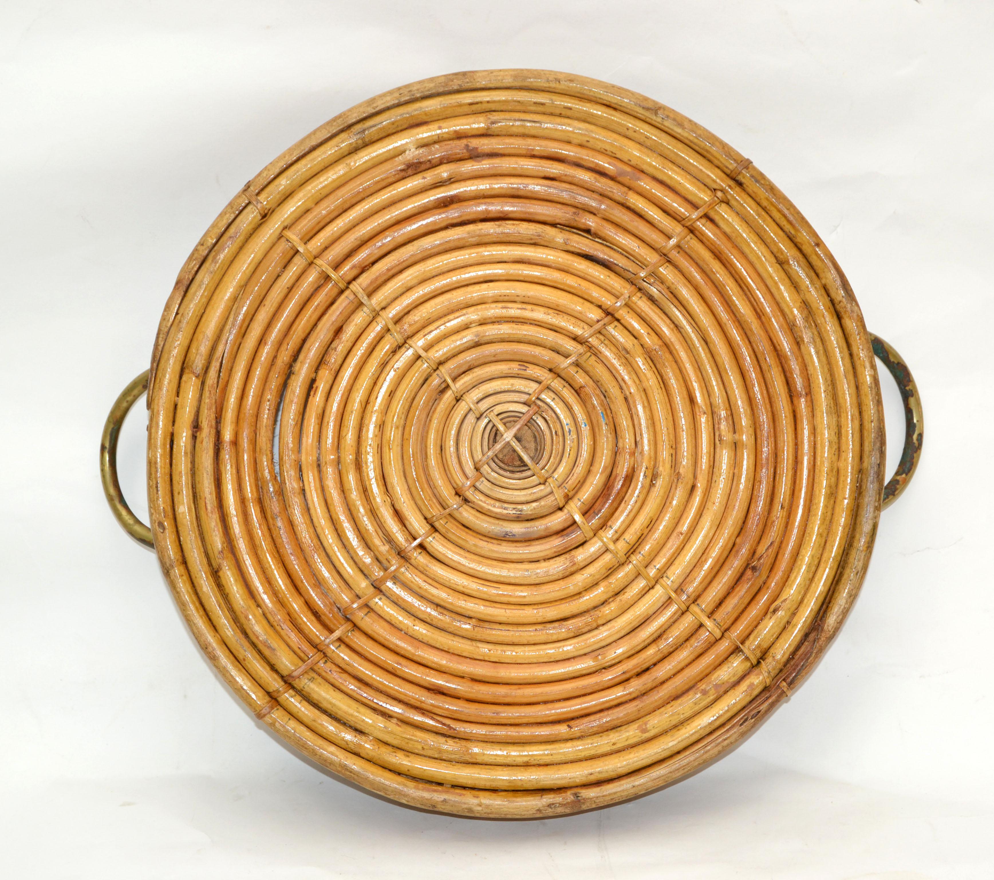 1950s Bohemian Handcrafted Round Bamboo Wood & Brass Serving Tray Handles 2