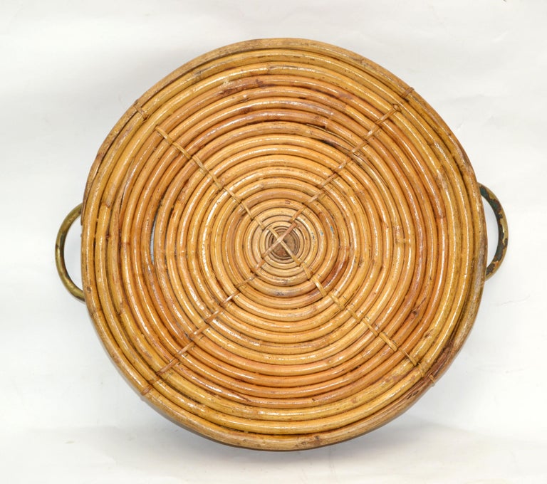 1950s Bohemian Handcrafted Round Bamboo Wood & Brass Serving Tray Handles For Sale 2