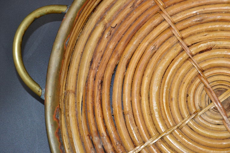 1950s Bohemian Handcrafted Round Bamboo Wood & Brass Serving Tray Handles For Sale 3