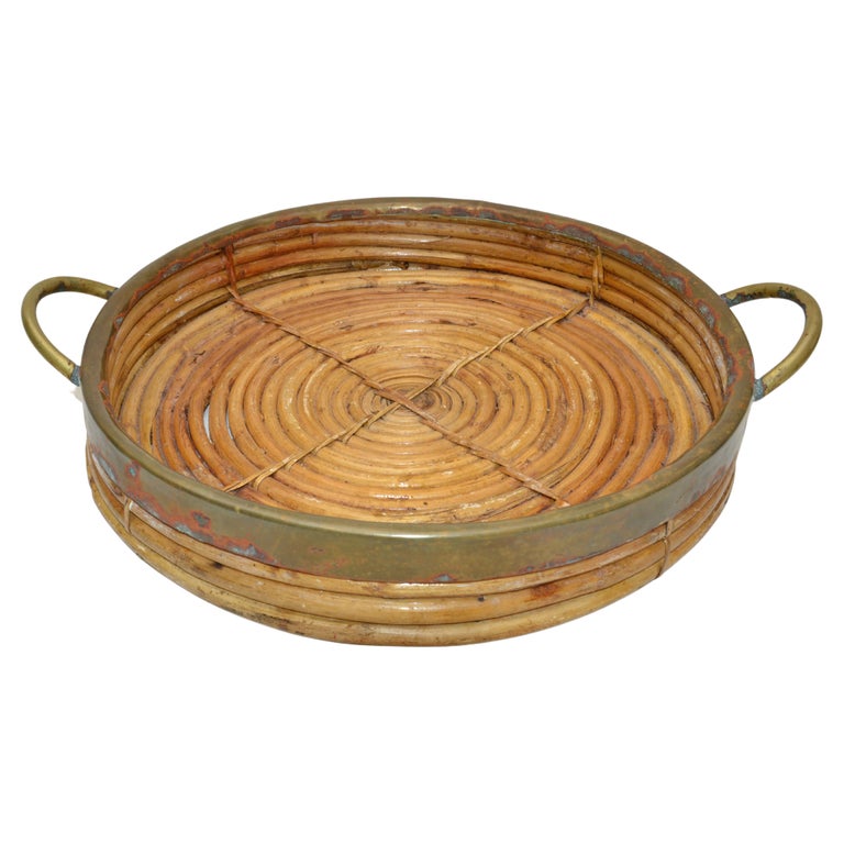 1950s Bohemian Handcrafted Round Bamboo Wood & Brass Serving Tray Handles For Sale