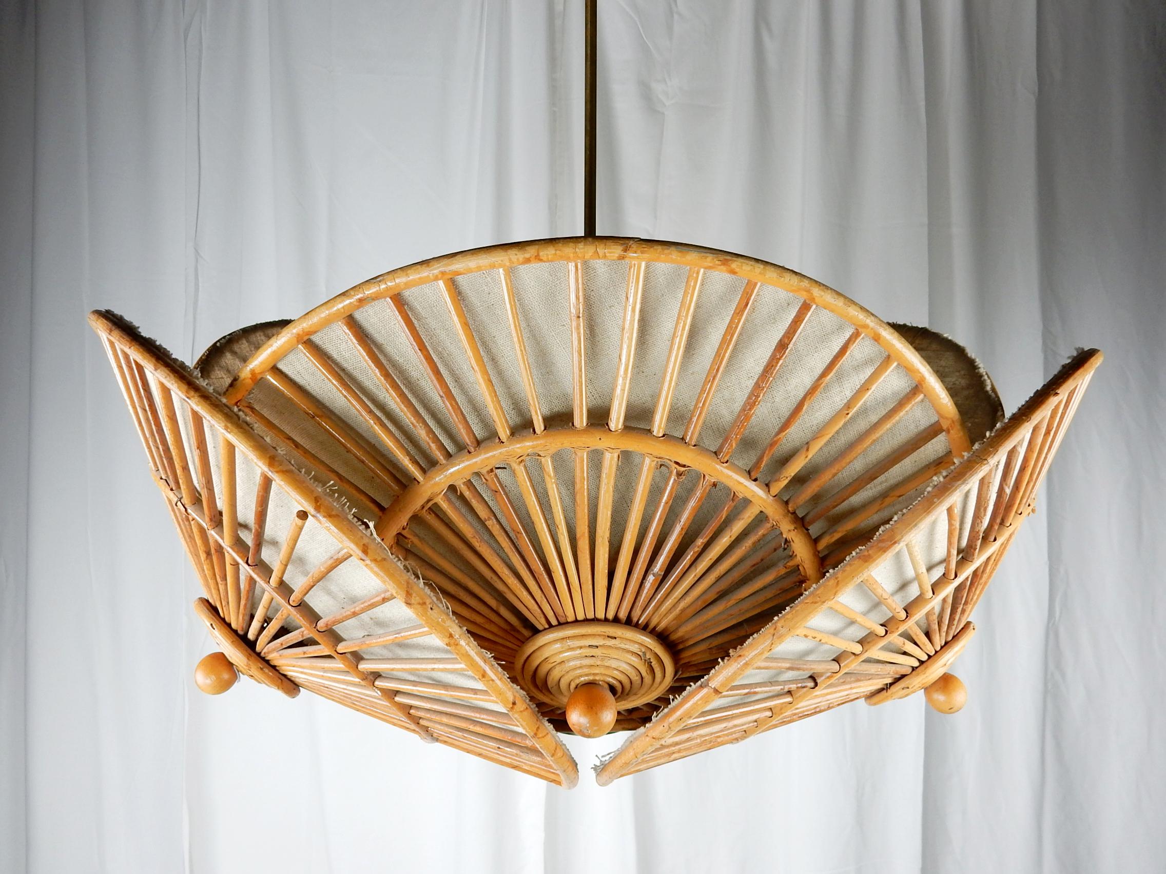 1950s Bohemian Rattan Wicker Parasol Cluster Chandelier In Good Condition In Las Vegas, NV