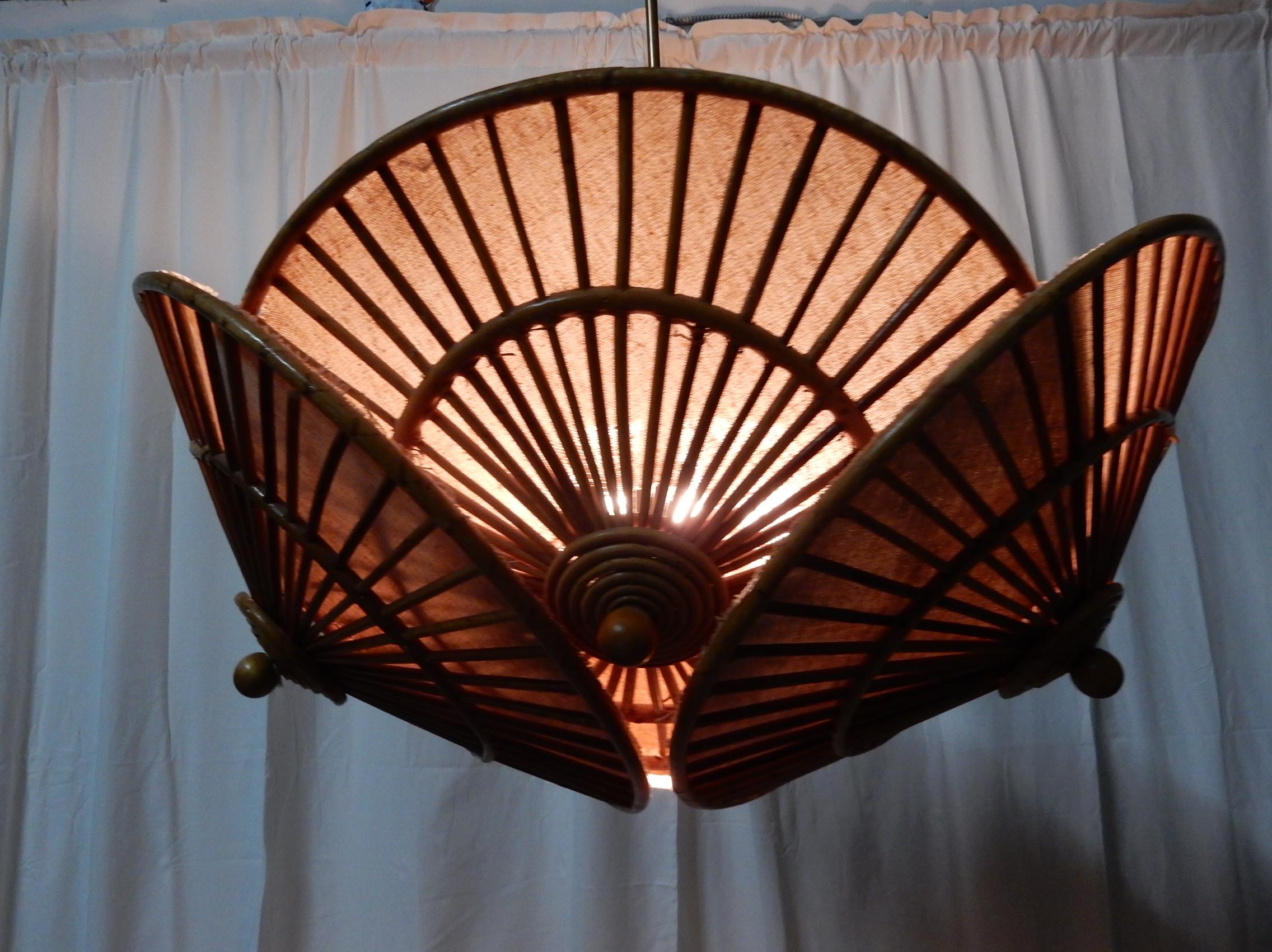 1950s Bohemian Rattan Wicker Parasol Cluster Chandelier 1