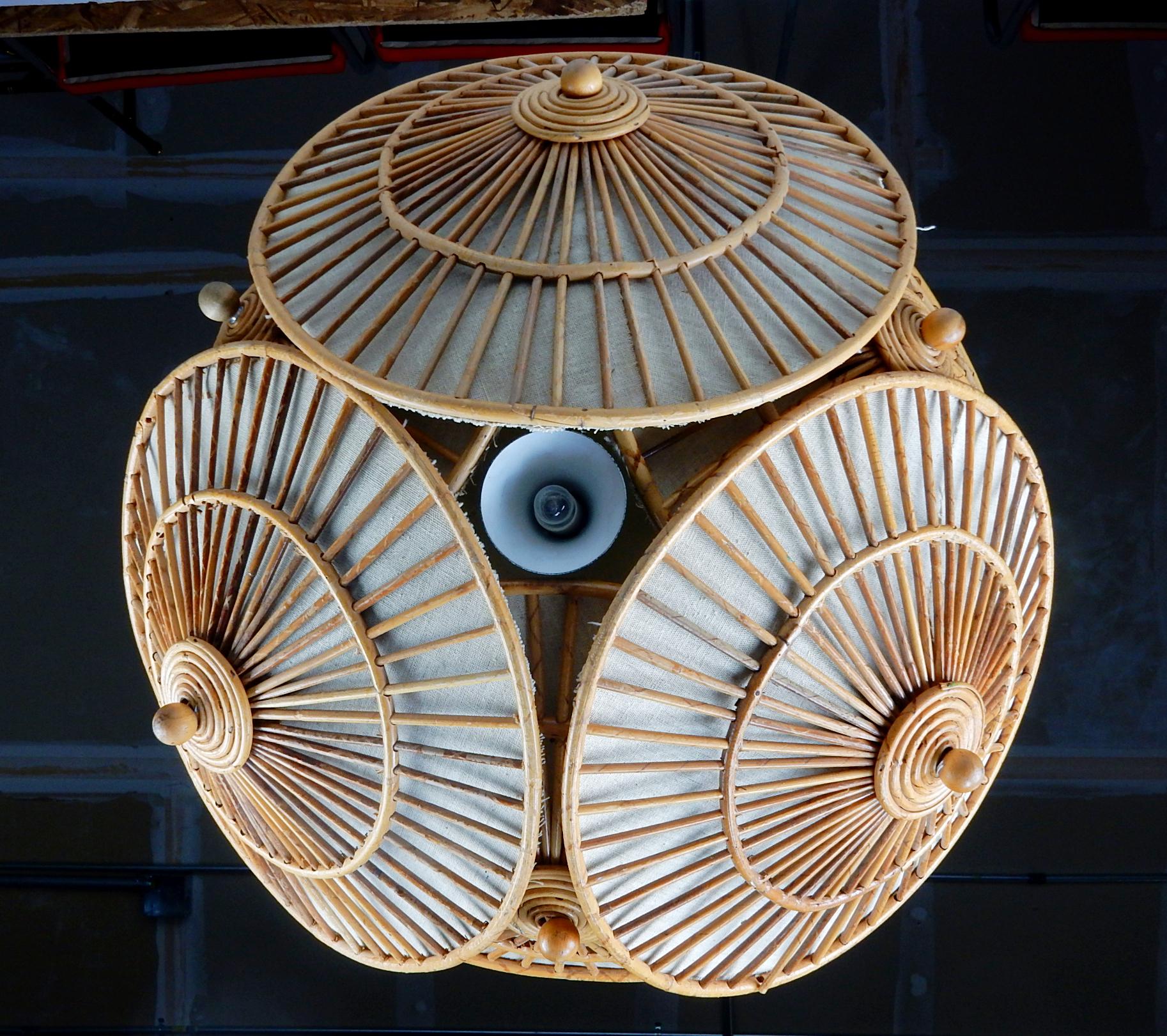 1950s Bohemian Rattan Wicker Parasol Cluster Chandelier 2