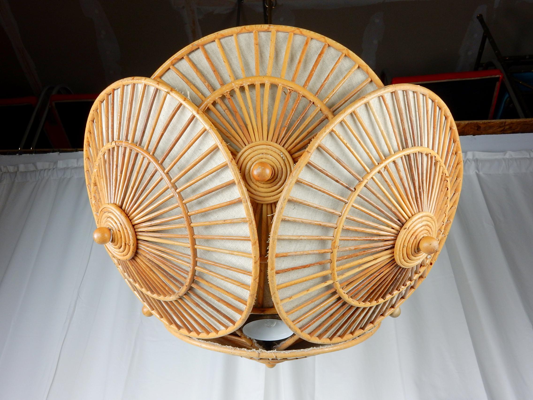 1950s Bohemian Rattan Wicker Parasol Cluster Chandelier 3