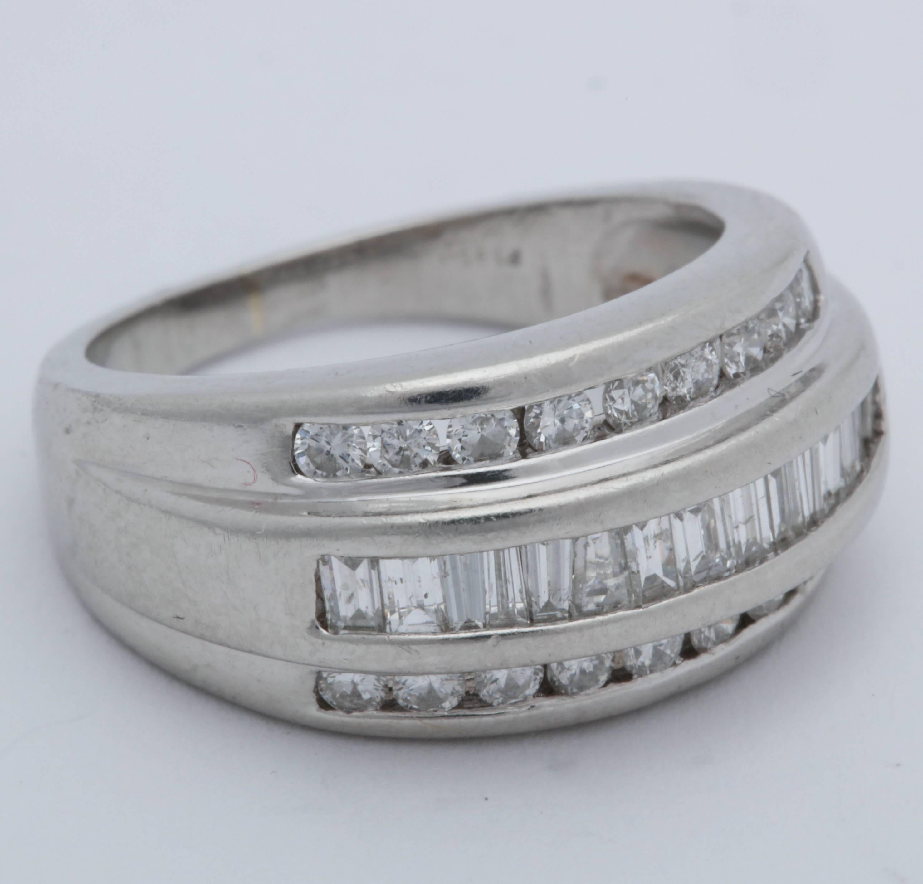 1950s Bombe Half Way Band Baguette with Round Cut Diamonds Platinum Ring In Good Condition For Sale In New York, NY