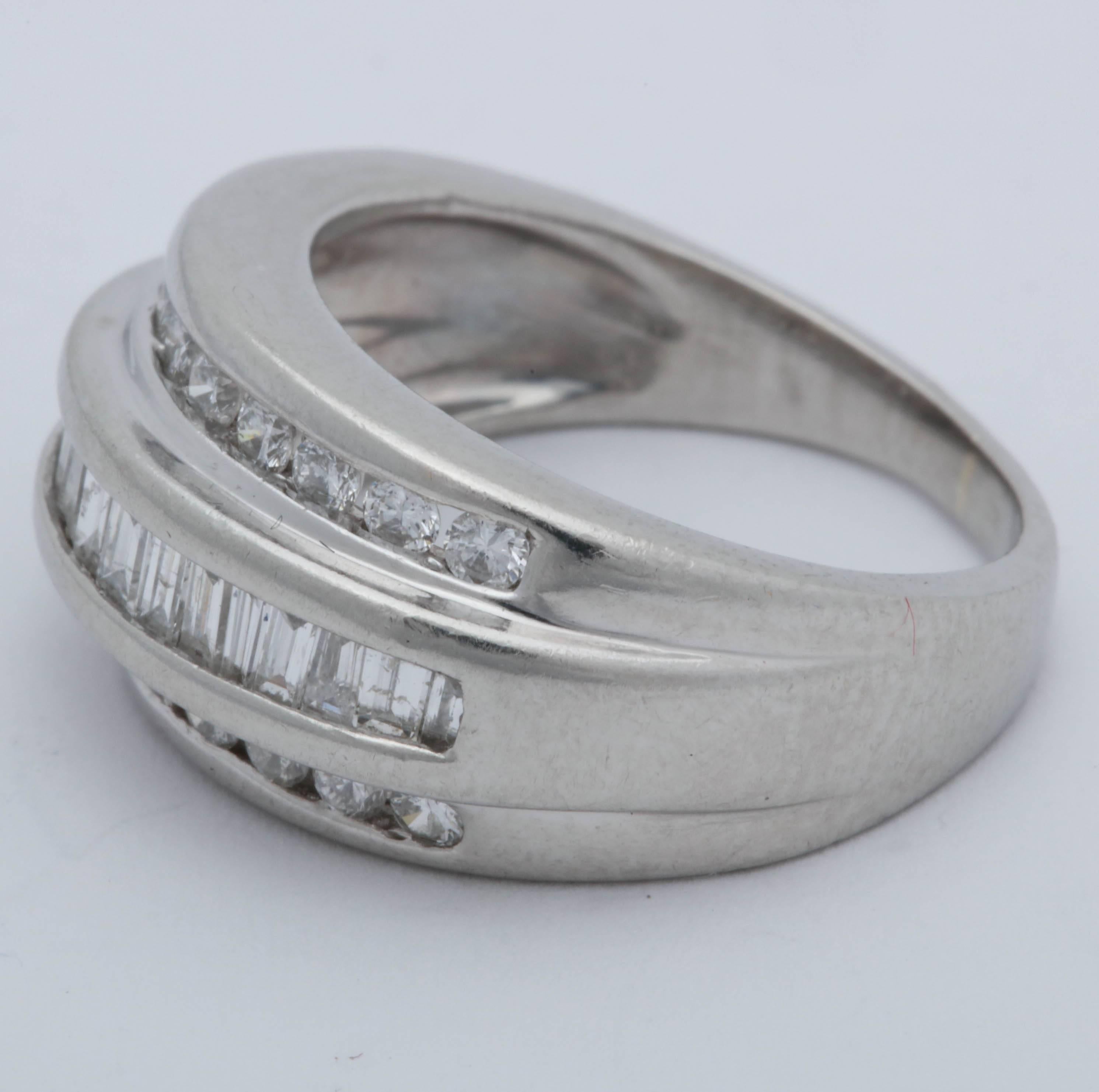 Women's 1950s Bombe Half Way Band Baguette with Round Cut Diamonds Platinum Ring For Sale
