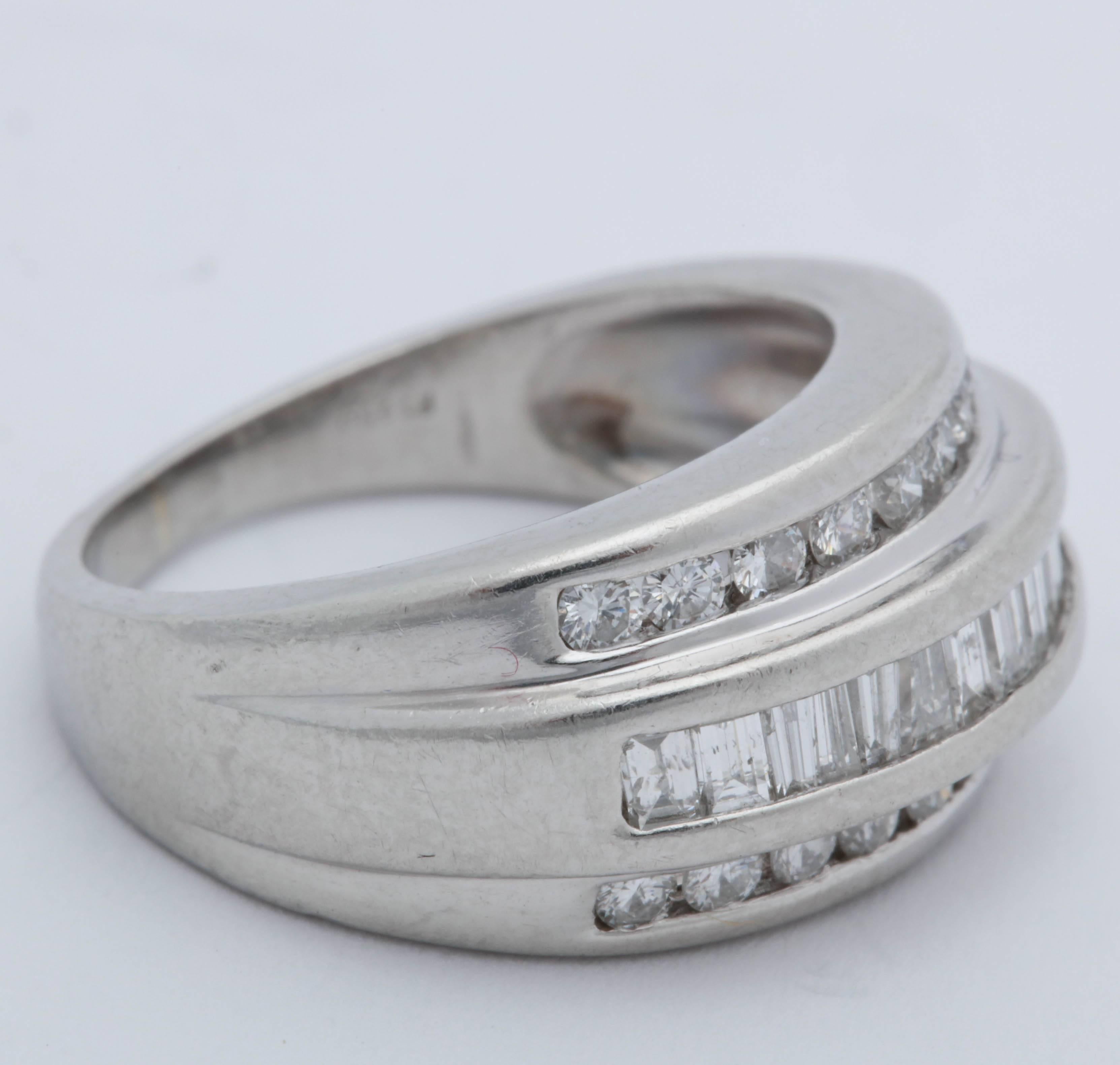 1950s Bombe Half Way Band Baguette with Round Cut Diamonds Platinum Ring For Sale 2