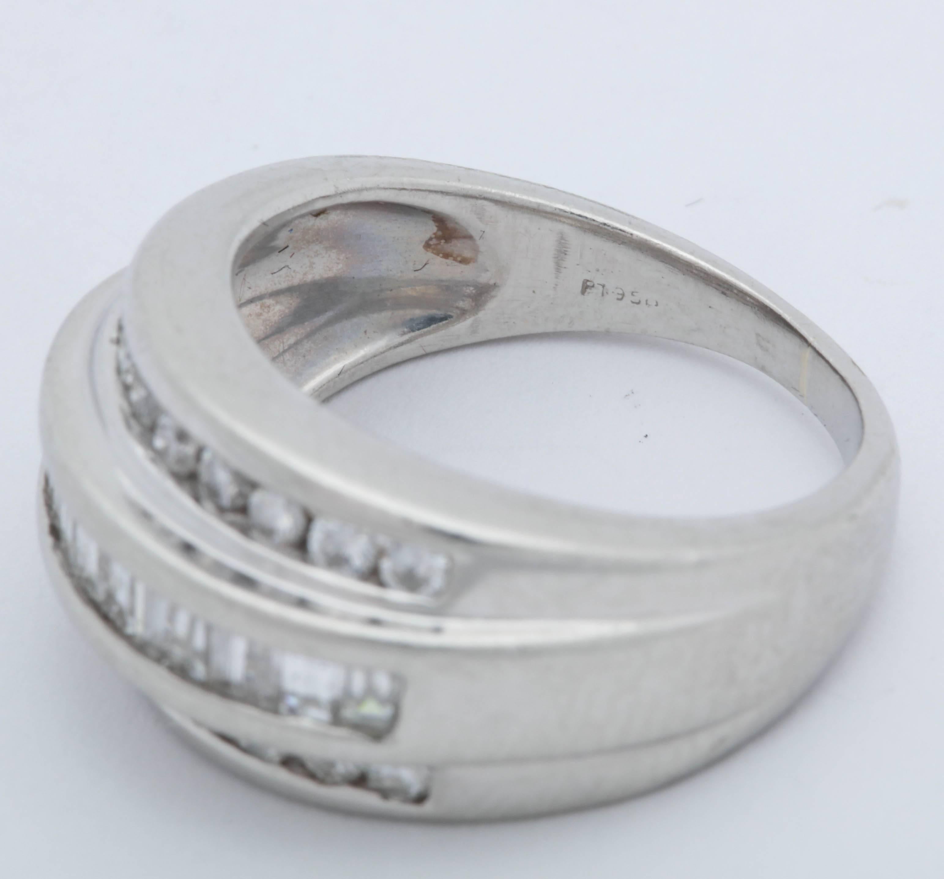 1950s Bombe Half Way Band Baguette with Round Cut Diamonds Platinum Ring For Sale 3