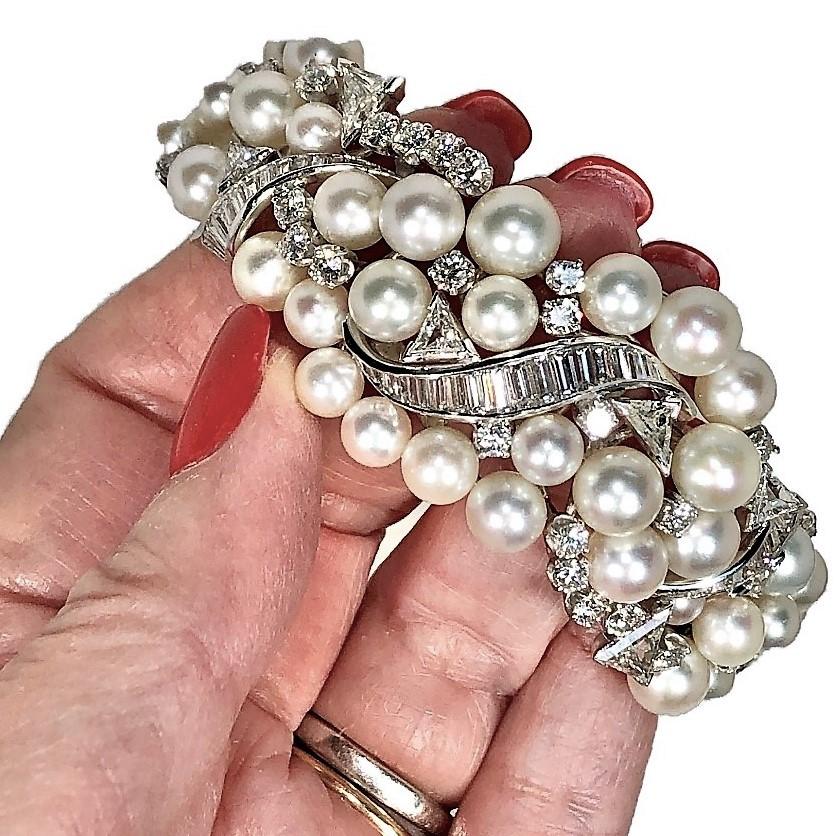 1950s Graduated Bombee Pearl and Diamond Cocktail Bracelet 5