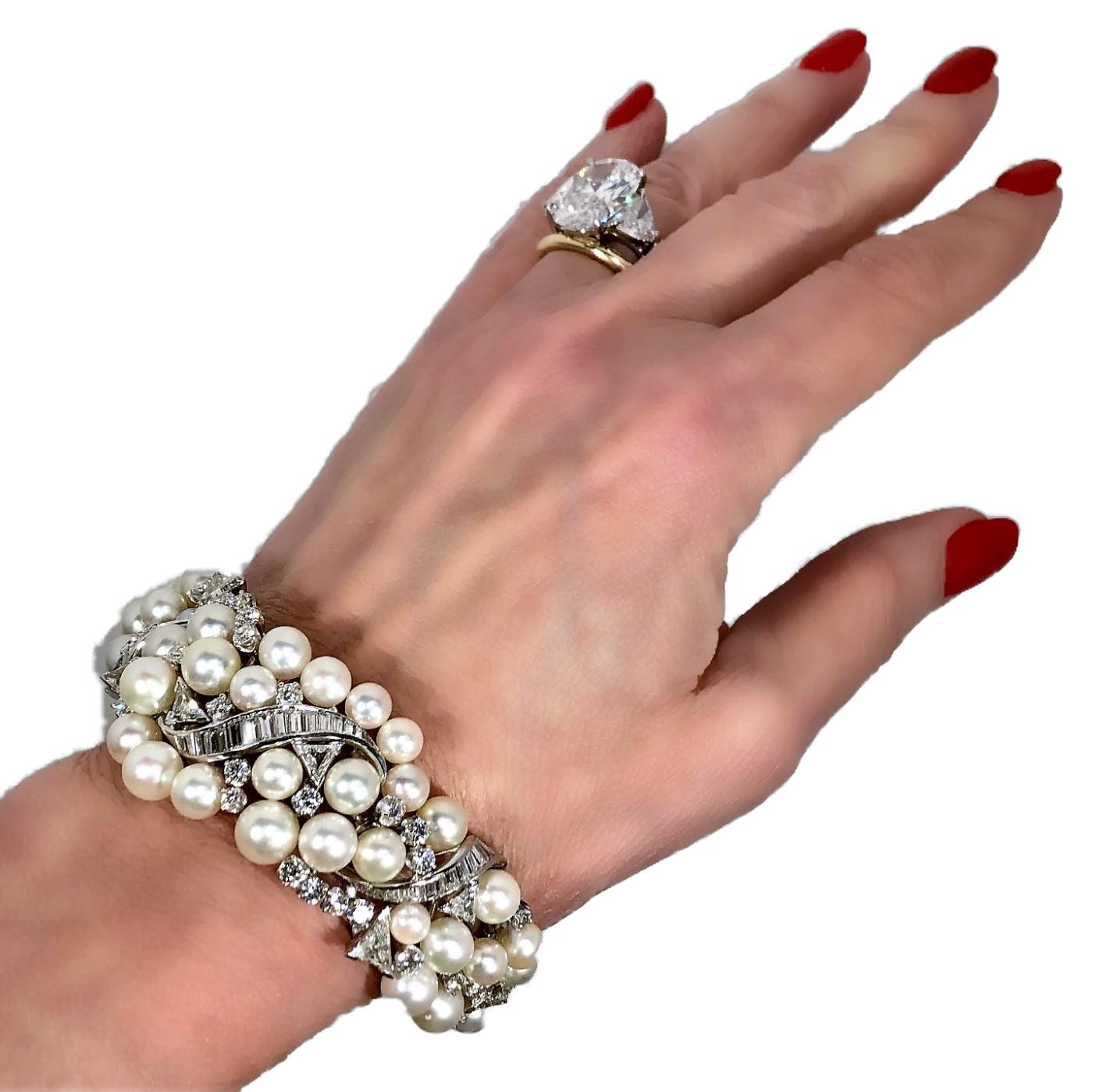 1950s Graduated Bombee Pearl and Diamond Cocktail Bracelet 7