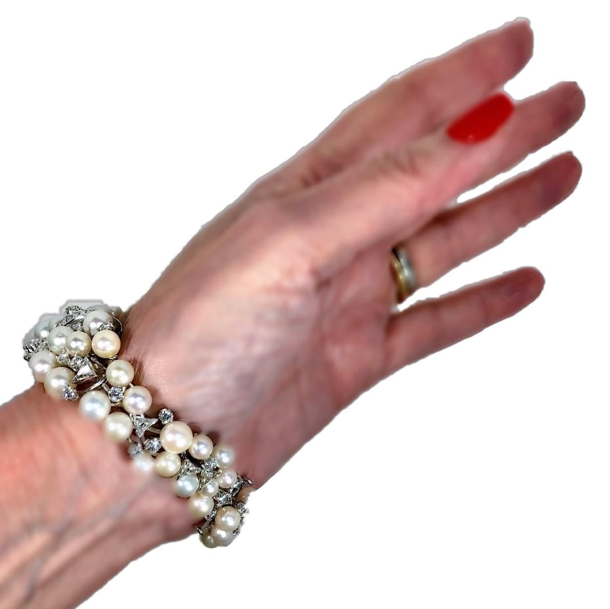 1950s Graduated Bombee Pearl and Diamond Cocktail Bracelet 9