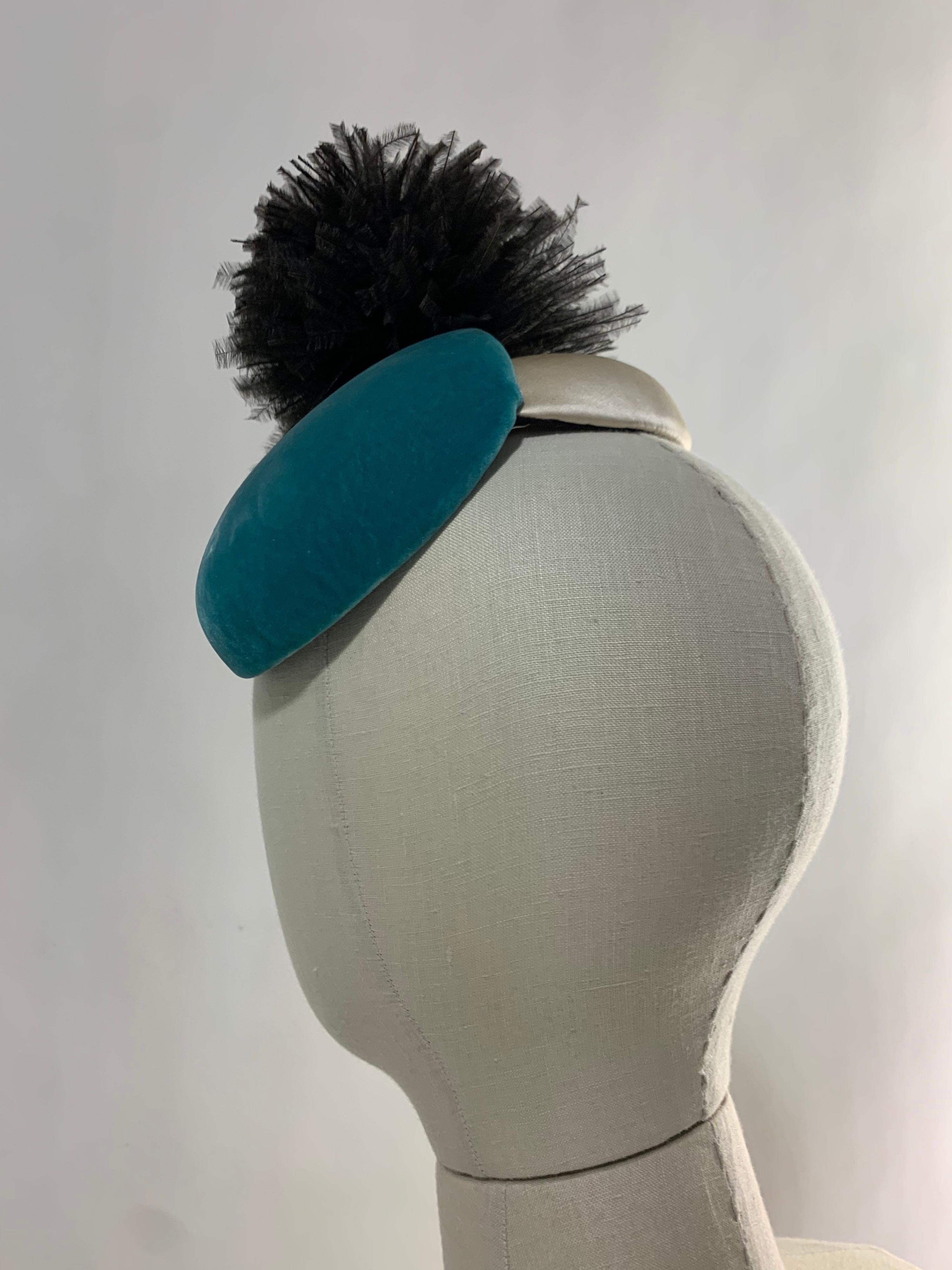 Women's 1950s Bonwit Teller Avant Garde Toy Hat in Turquoise & Ivory w/ Black Pouf  For Sale