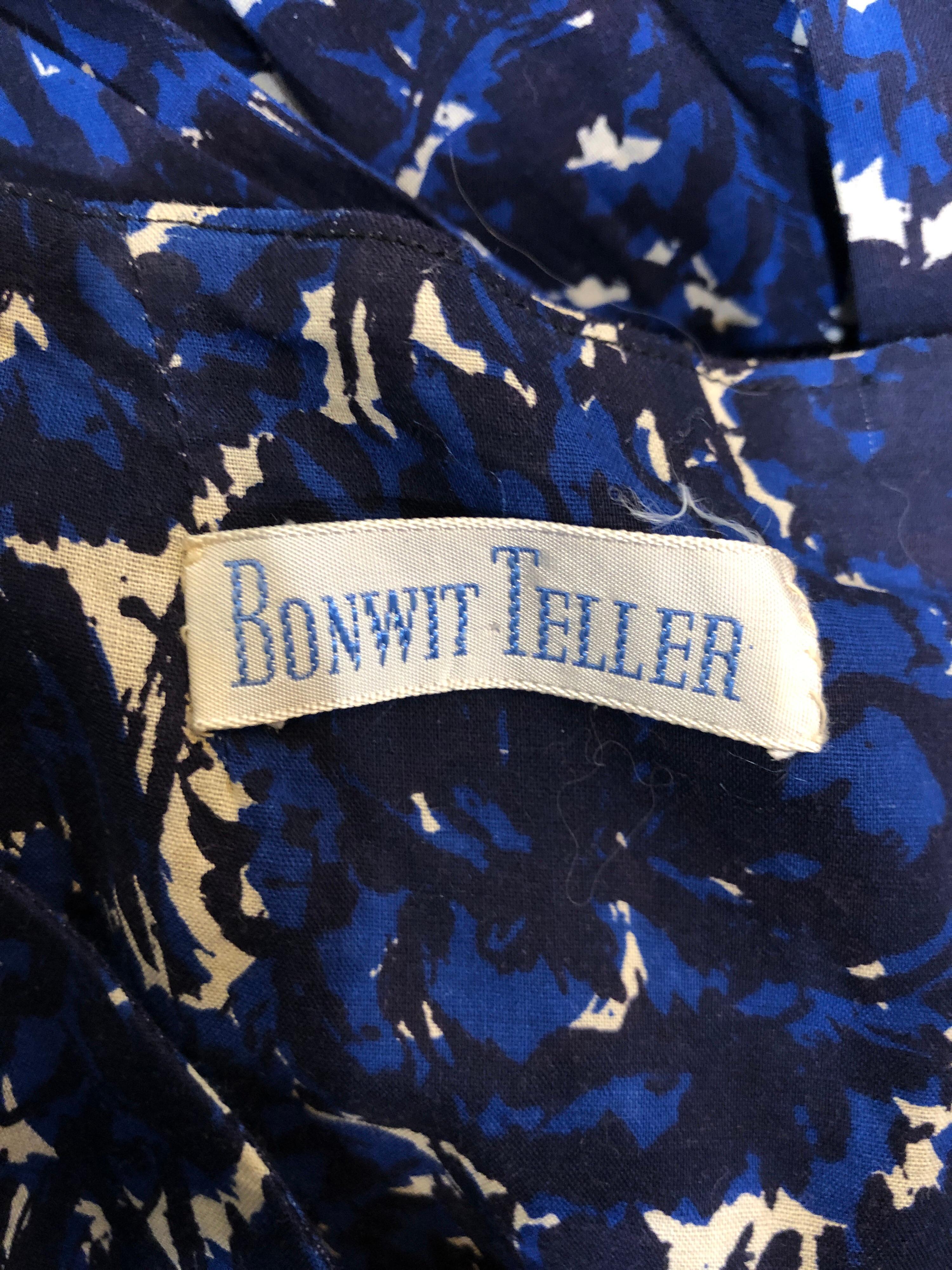 1950s Bonwit Teller Demi Couture Blue Abstract Floral Fit n' Flare Vintage Dress For Sale 8