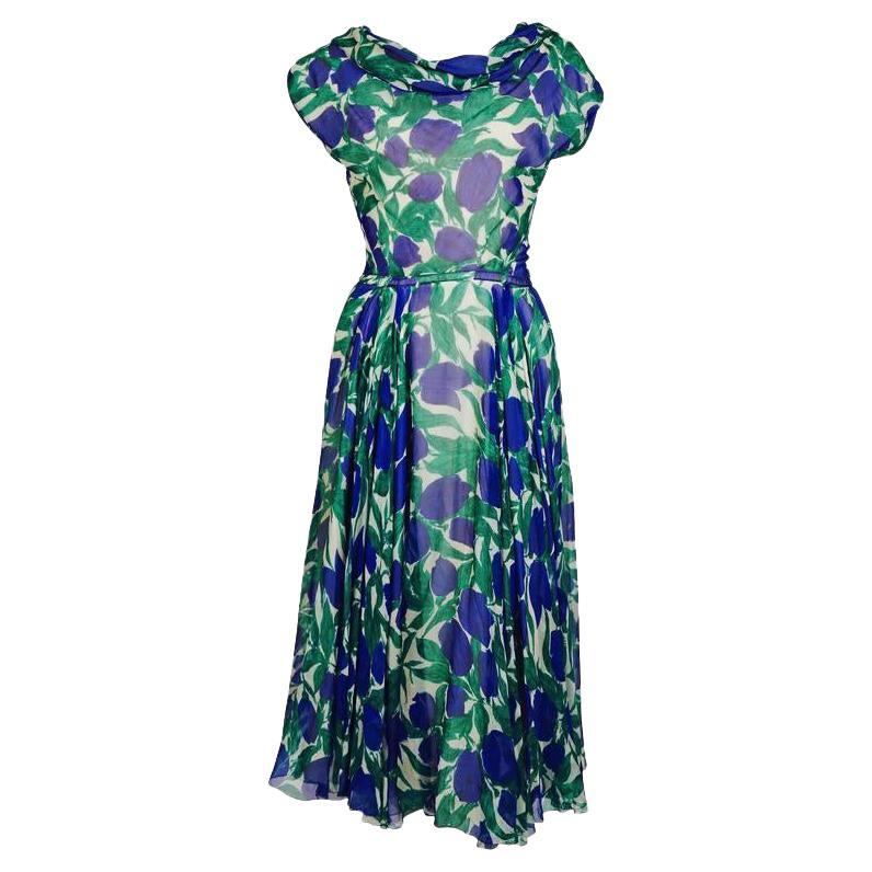 1950's BONWIT TELLER vibrant floral printed silk chiffon dress