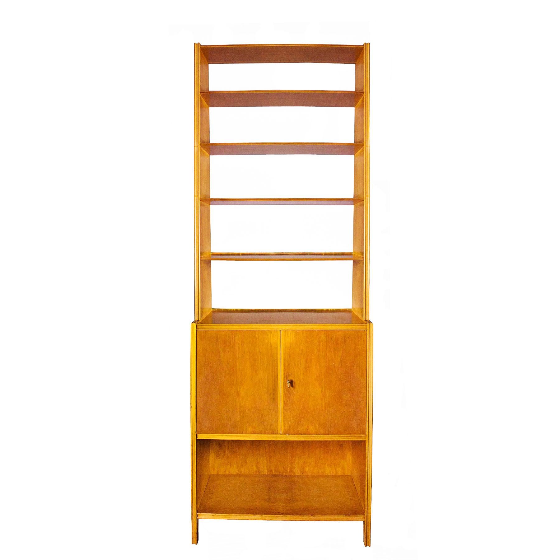 Mid-Century Modern Bookcase, Maple Wood, Two Doors and Five Shelves - Italy