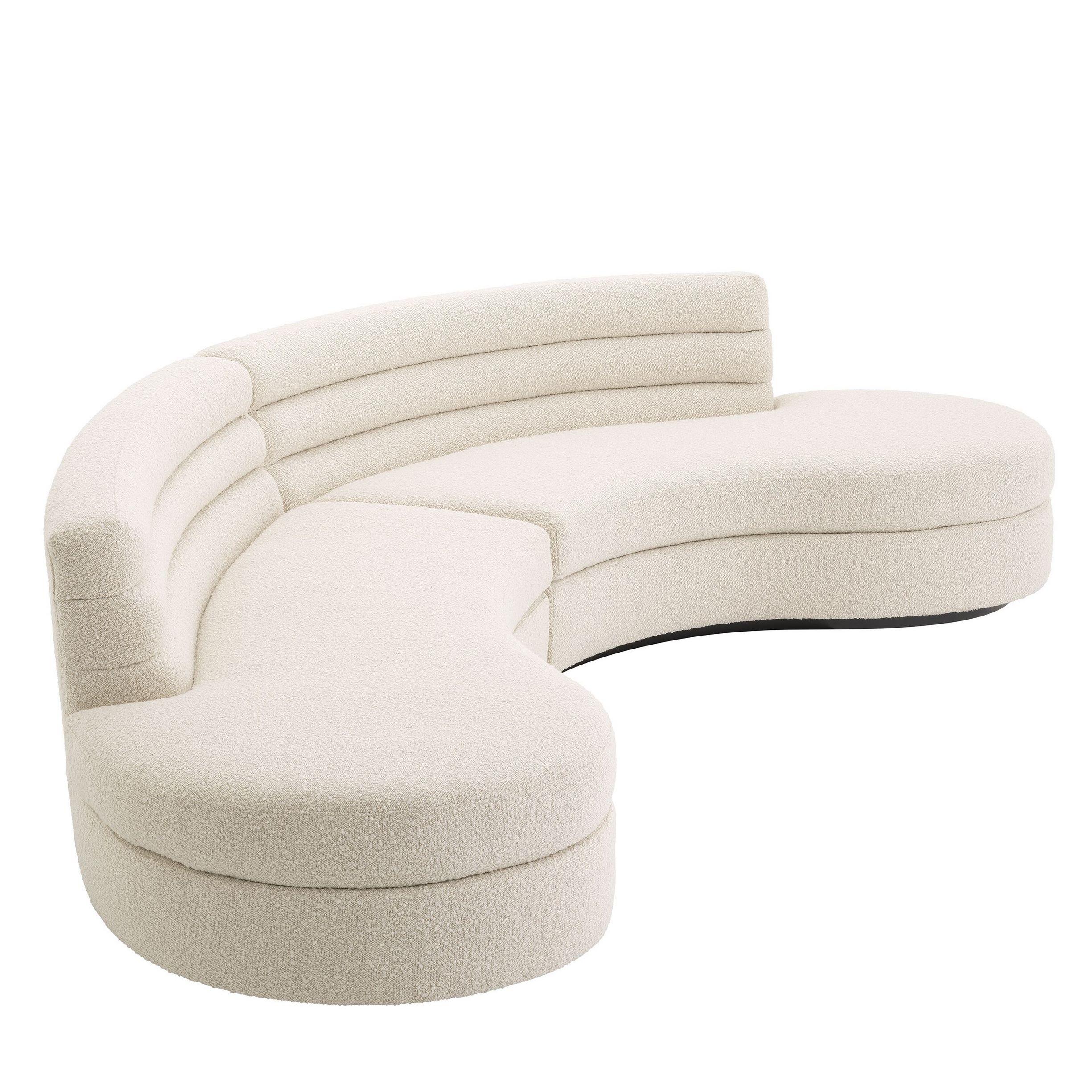 1950s Boomerang design style beige bouclé fabric curved sofa.