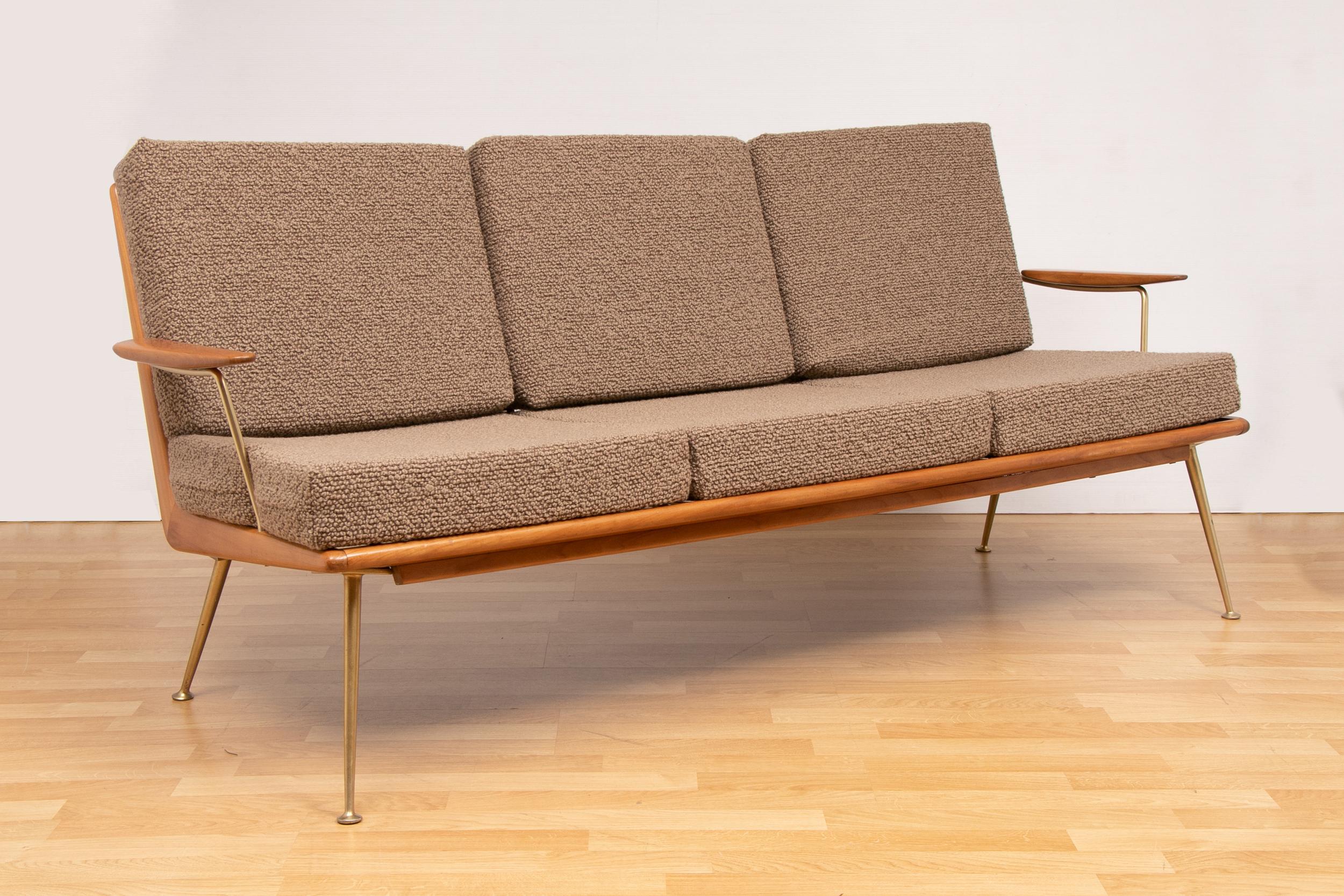 1950s Boomerang sofa and two easy chairs designed by Hans Mitzlaff and Eugen Schmidt. Manufactured by Soloform/Eugen Schmidt in Germany. Designed in 1953 with a solid cherry wood frame. Restored and reupholstered in Bute fabric. In very good vintage