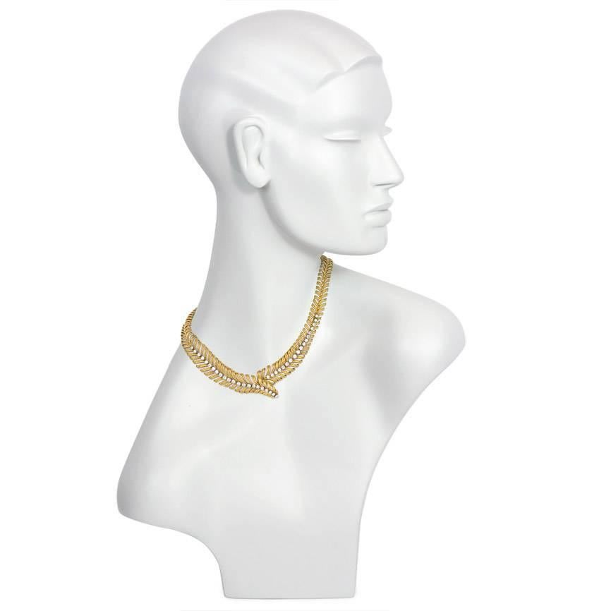 Retro 1950s Boucheron Gold and Diamond Plume Design Necklace