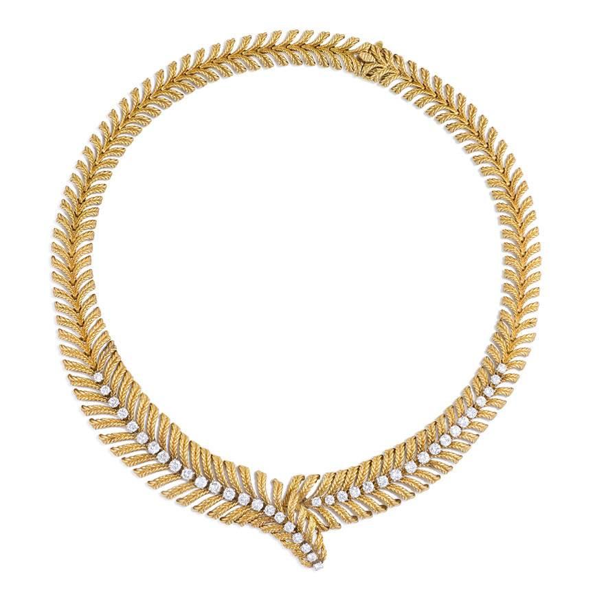 1950s Boucheron Gold and Diamond Plume Design Necklace