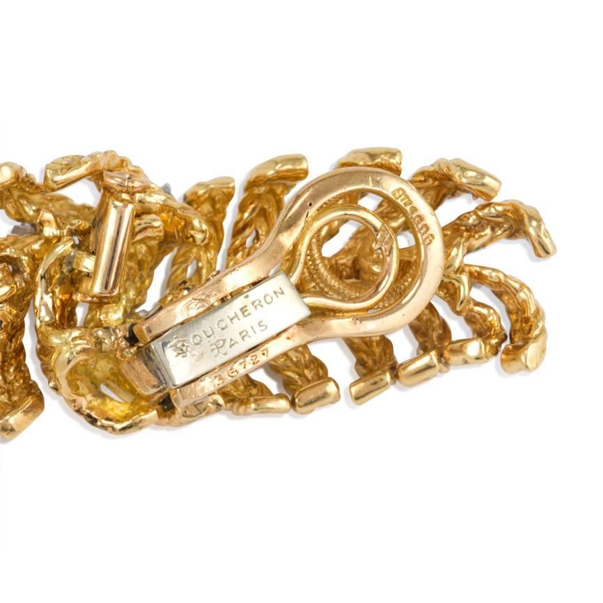 Retro 1950s Boucheron Gold and Diamond Stylized Feather Design Earrings