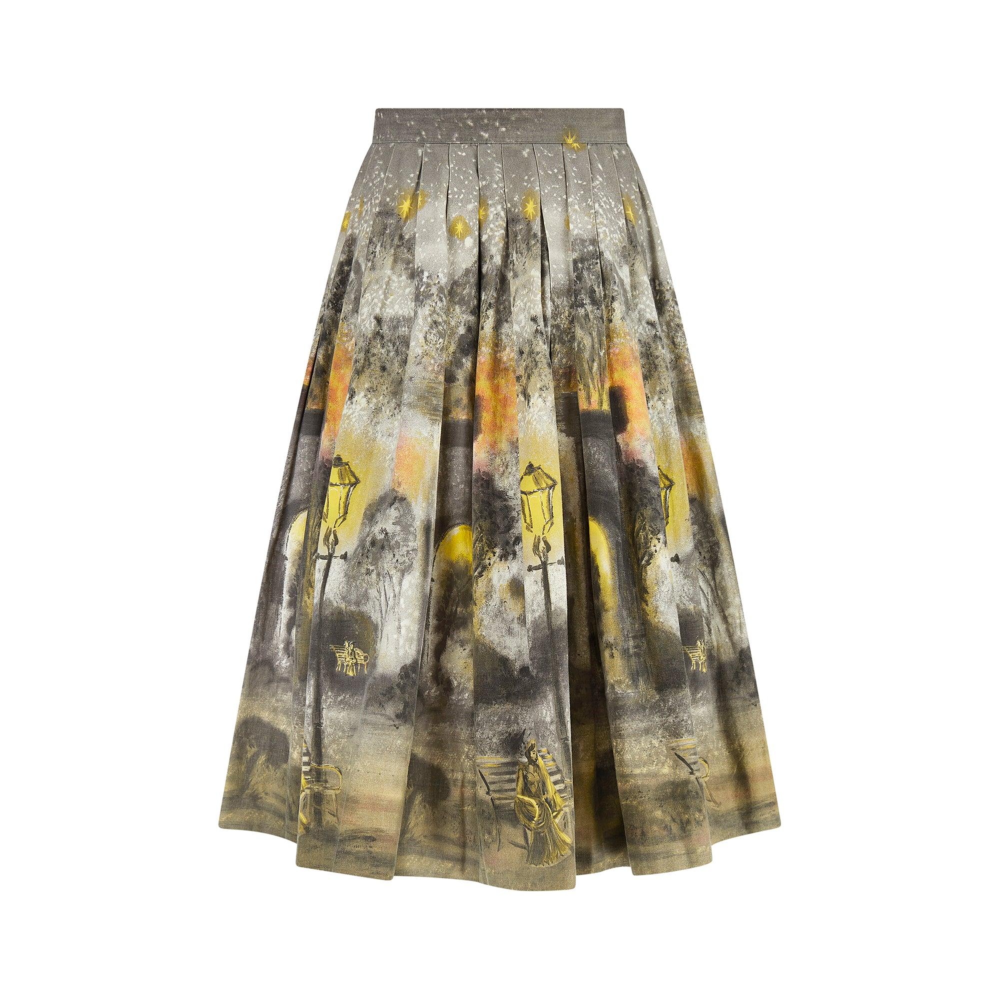 Brown 1950s Box Pleat Novelty Print Night Scene Skirt For Sale