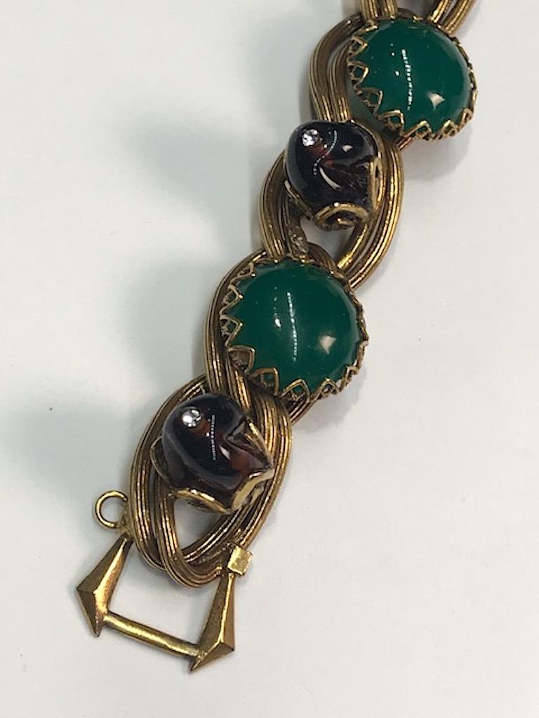 1950s Bracelet with Green Cabochons & Amber Beads, Henkel & Grosse In Good Condition In New York, NY