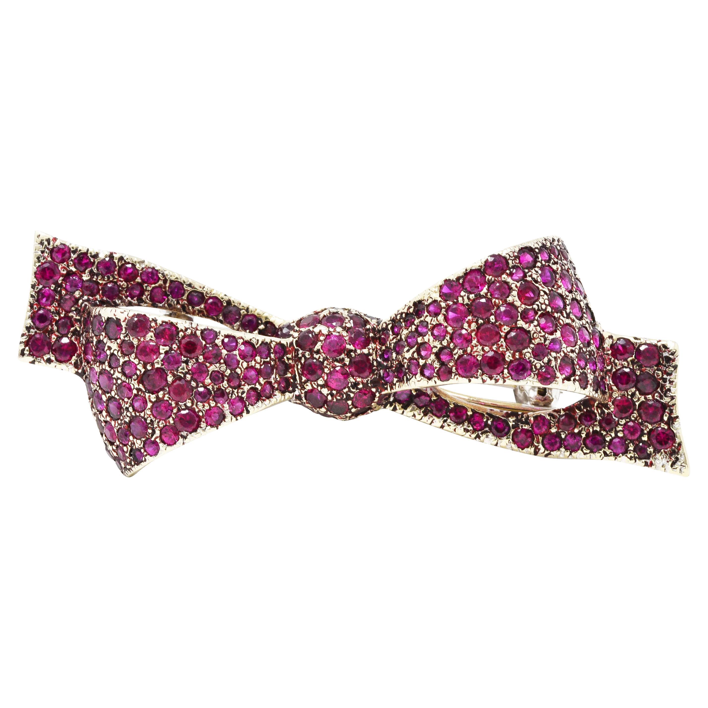 1950's Brady Bows 5.00 Carats Ruby 18 Karat Hair Clip Bow Pendant Brooch