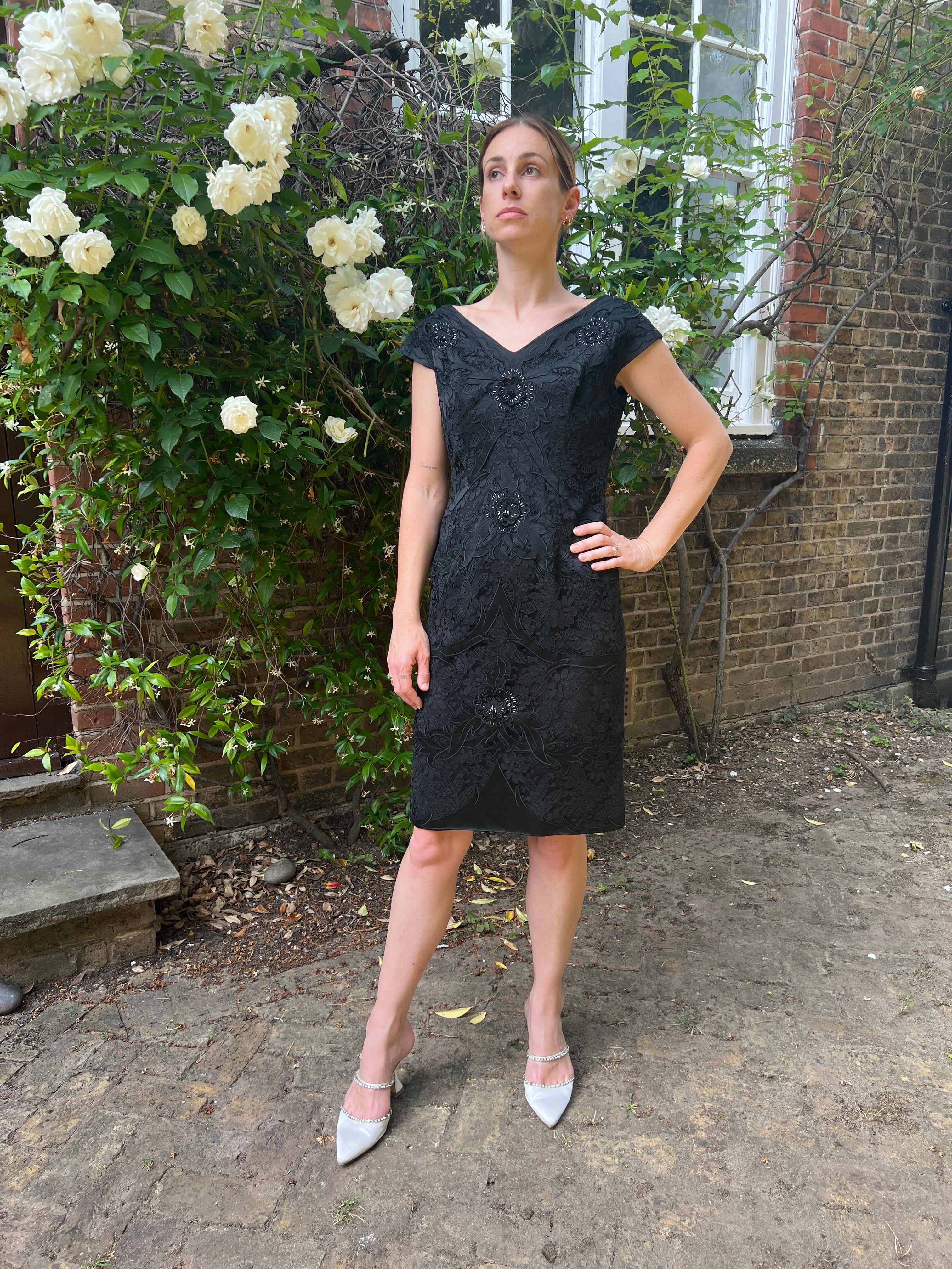 1950s Bramel Model Lace and Beaded Black Sheath Dress For Sale 3