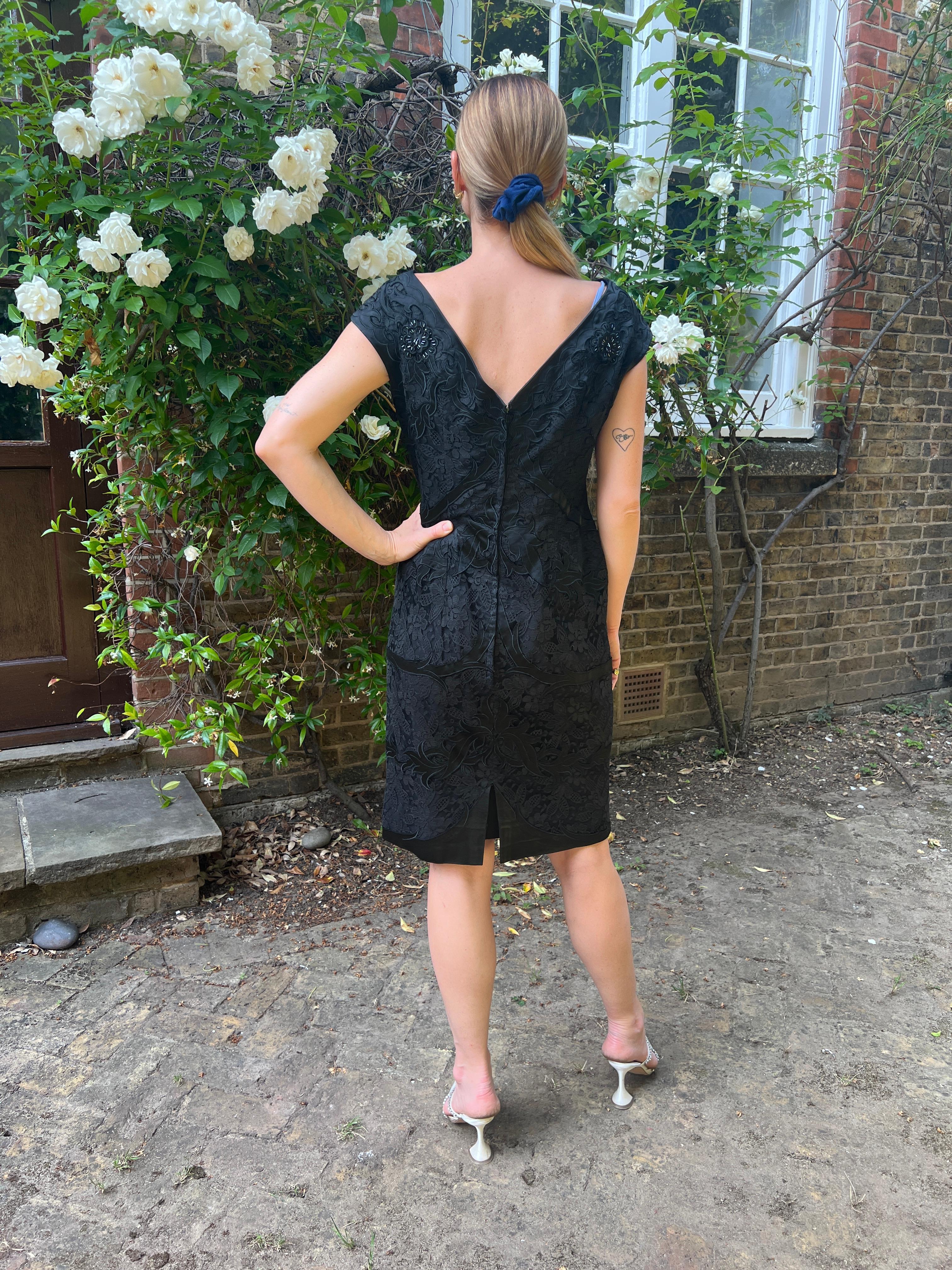 1950s Bramel Model Lace and Beaded Black Sheath Dress For Sale 4