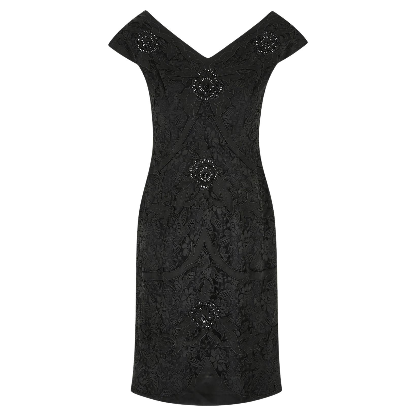 1950s Bramel Model Lace and Beaded Black Sheath Dress For Sale