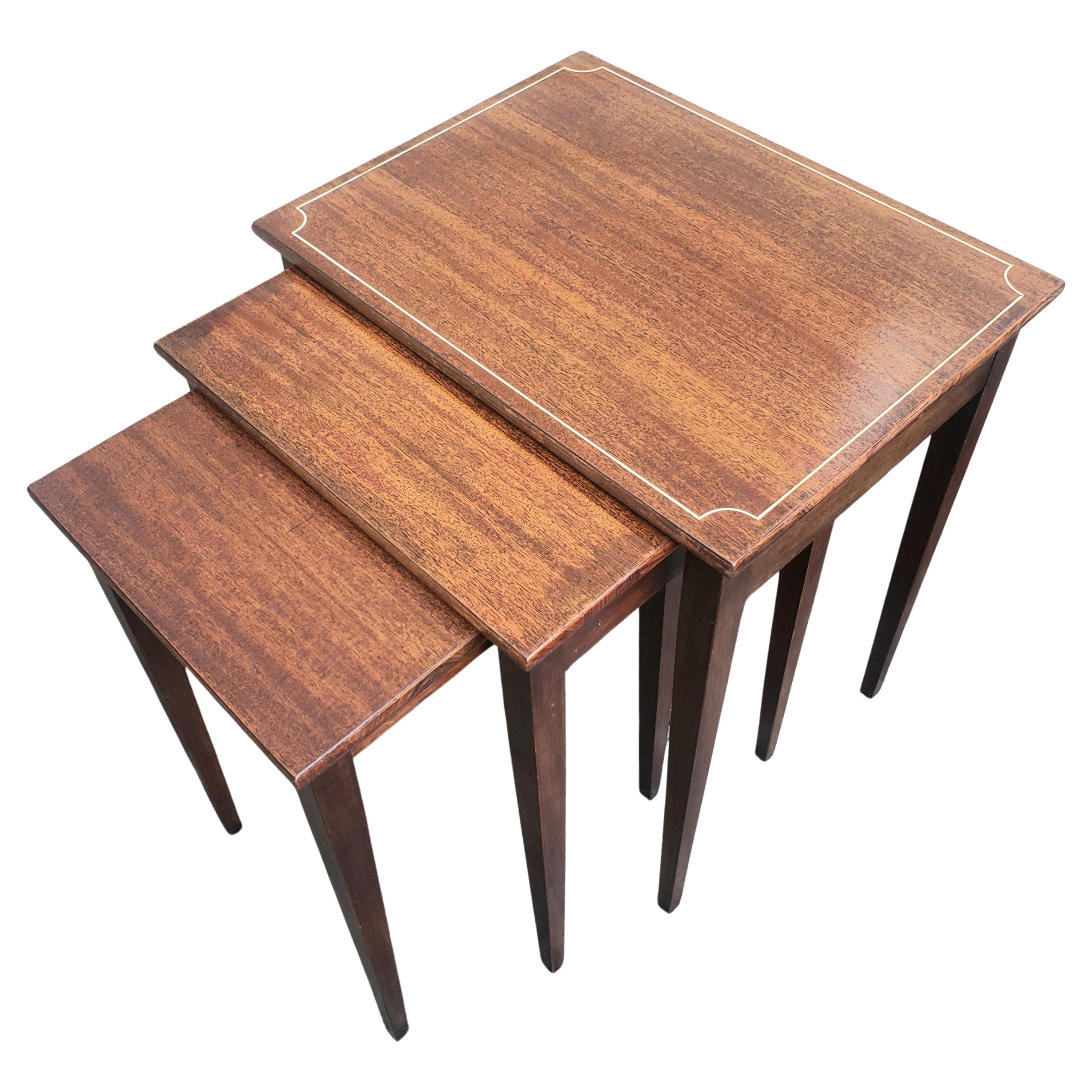 American 1950s Brandt Fine Furniture Refinished Genuine Mahogany Nesting Tables For Sale