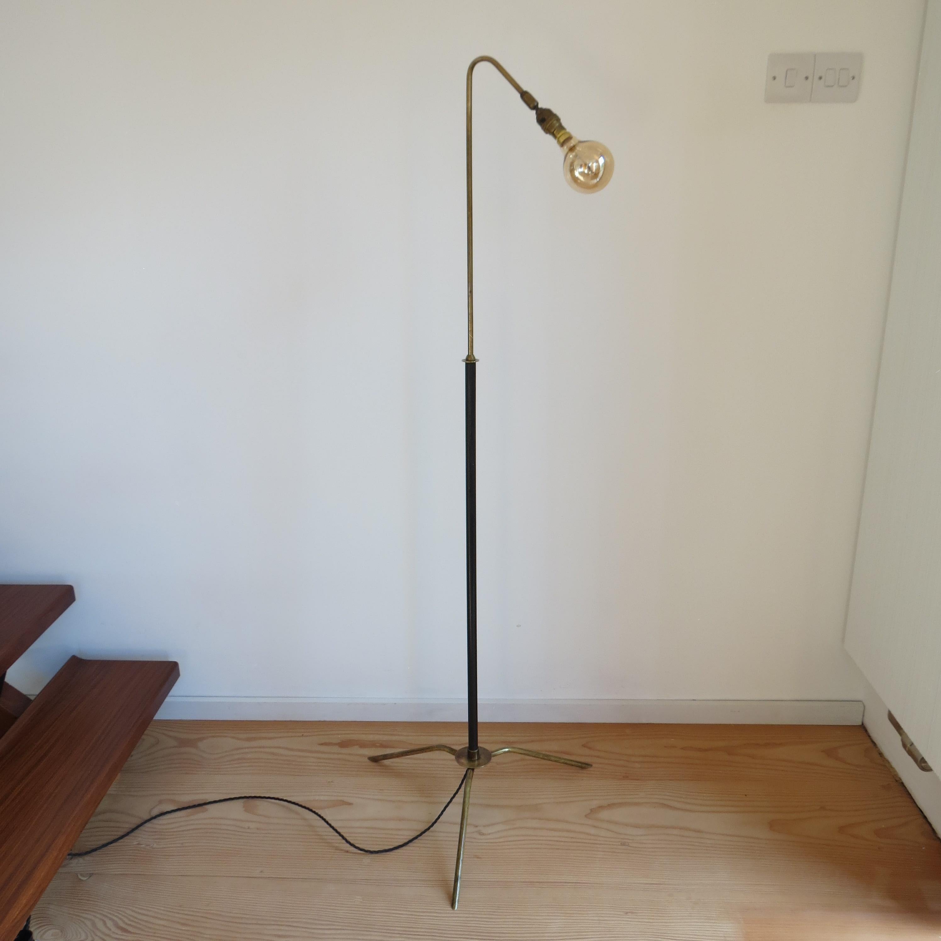 English 1950s Brass and Black Metal Curve over Adjustable Industrial Floor Lamp