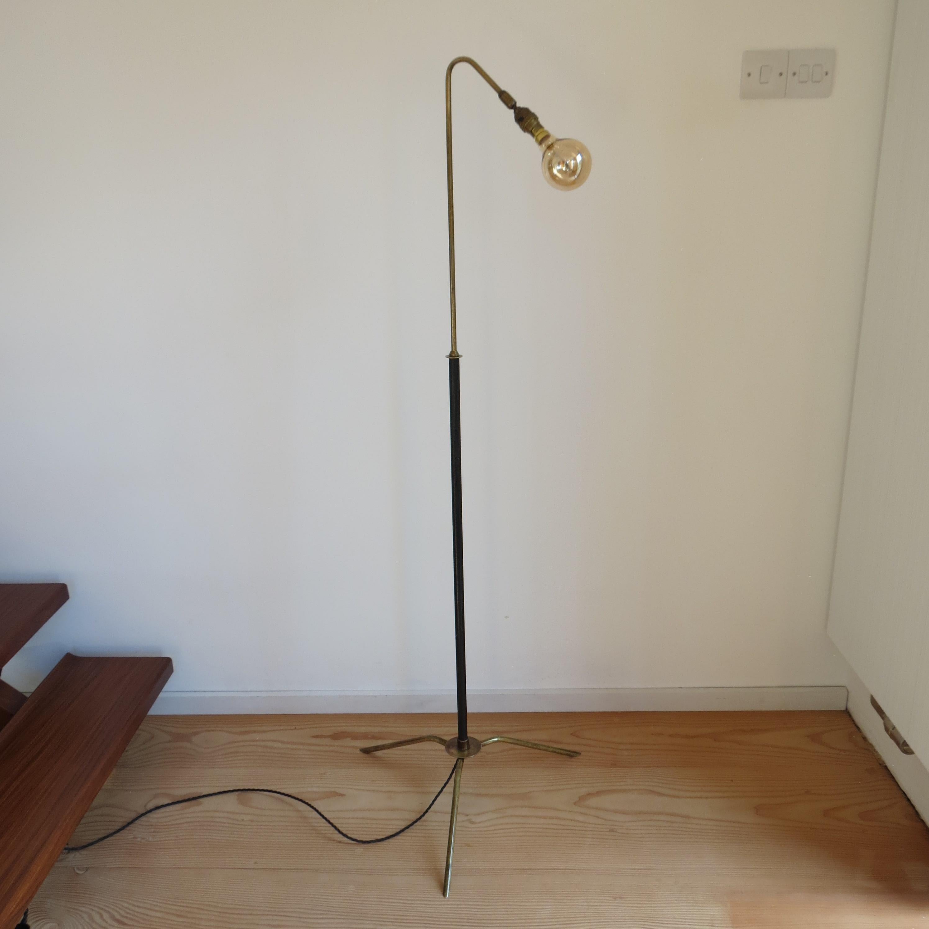 20th Century 1950s Brass and Black Metal Curve over Adjustable Industrial Floor Lamp