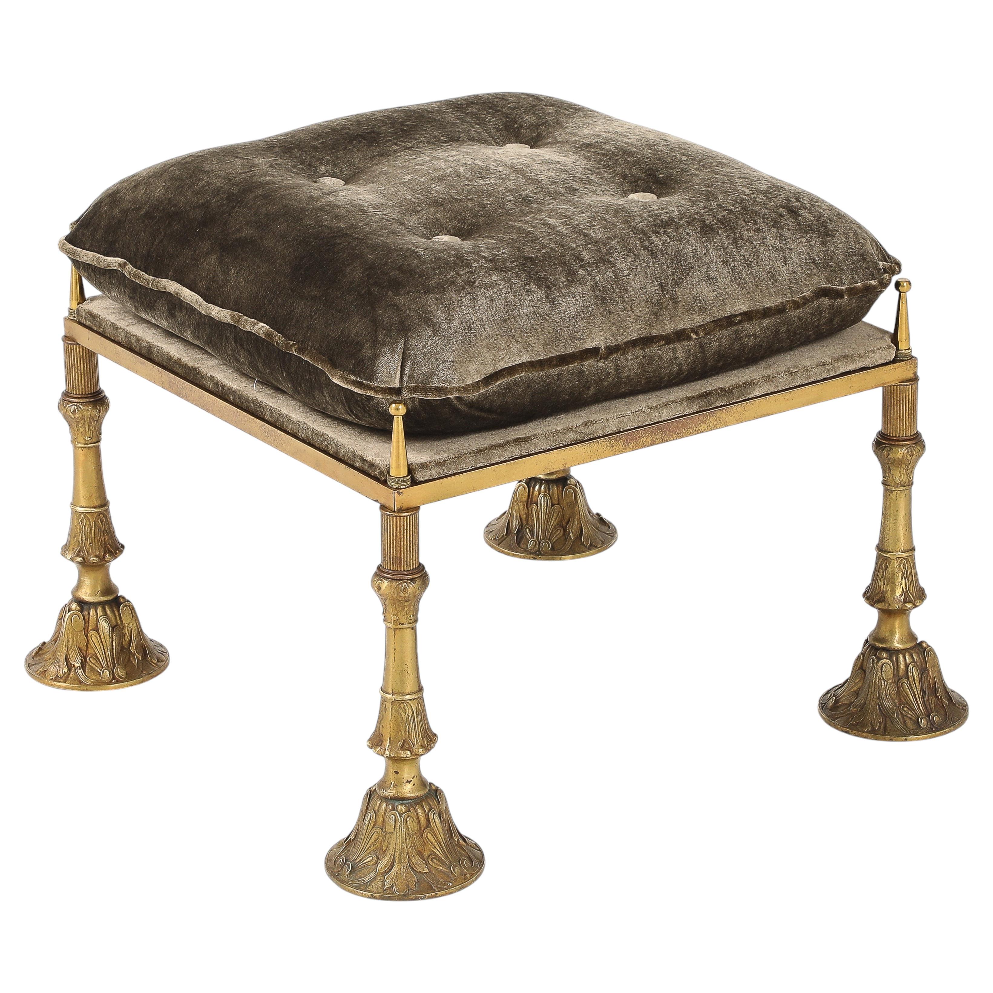 1950's Brass And Crushed Velvet French Ottoman