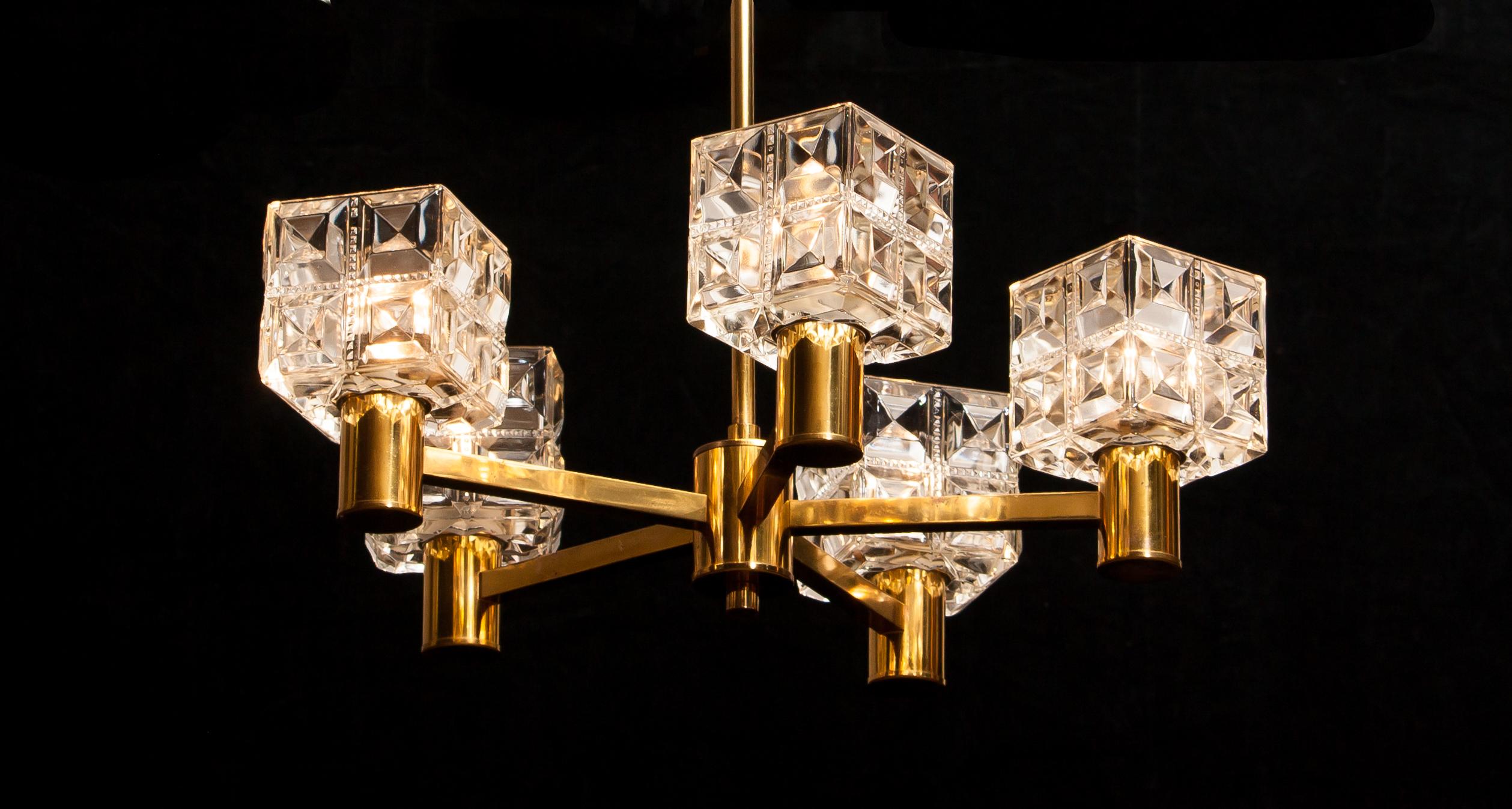 1950s, Brass and Crystal Chandelier by Tyringe Konsthantverk, Sweden 5