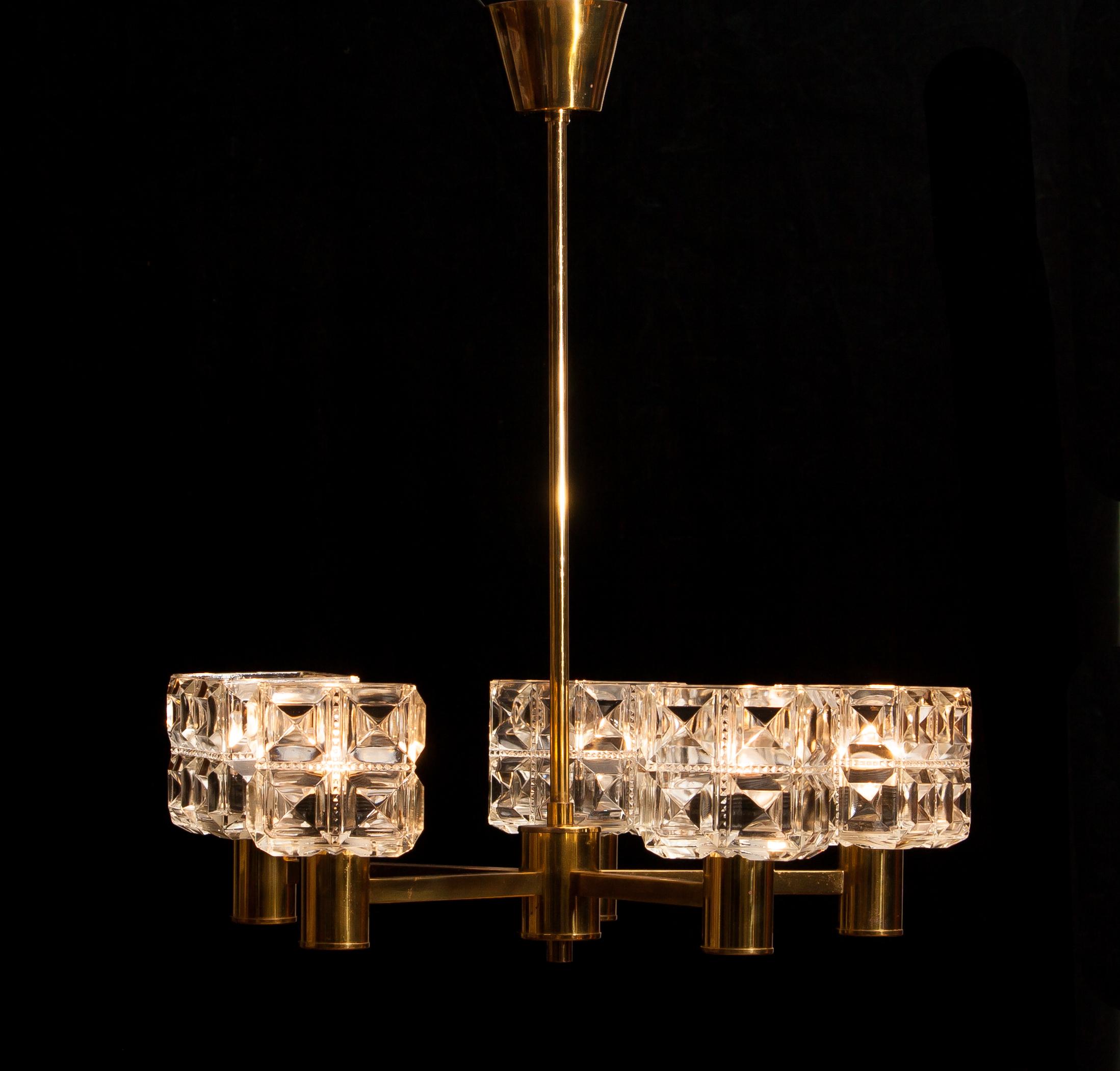 Mid-Century Modern 1950s, Brass and Crystal Chandelier by Tyringe Konsthantverk, Sweden