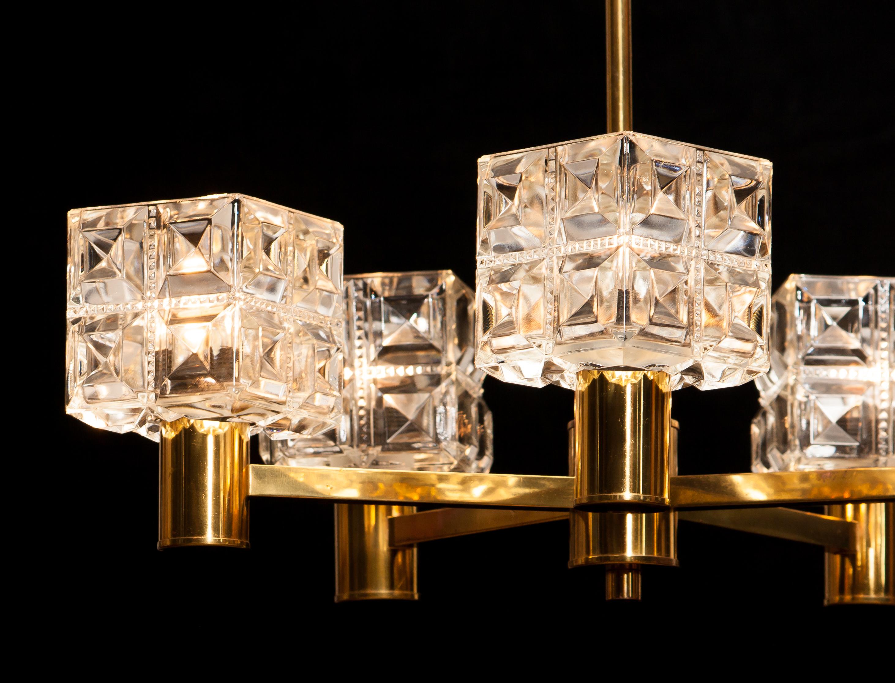 Mid-20th Century 1950s, Brass and Crystal Chandelier by Tyringe Konsthantverk, Sweden