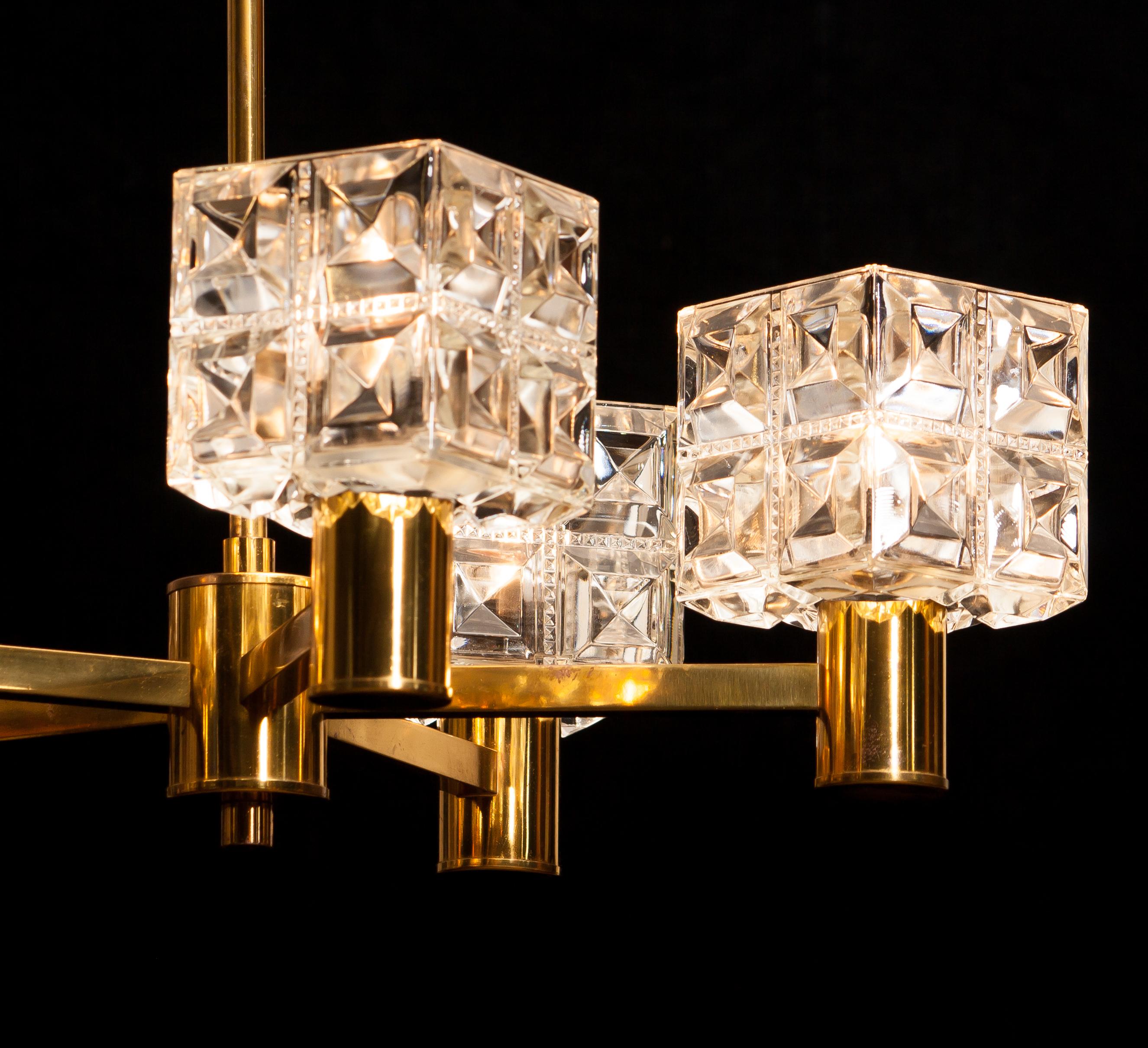 Mid-20th Century 1950s, Brass and Crystal Chandelier by Tyringe Konsthantverk, Sweden