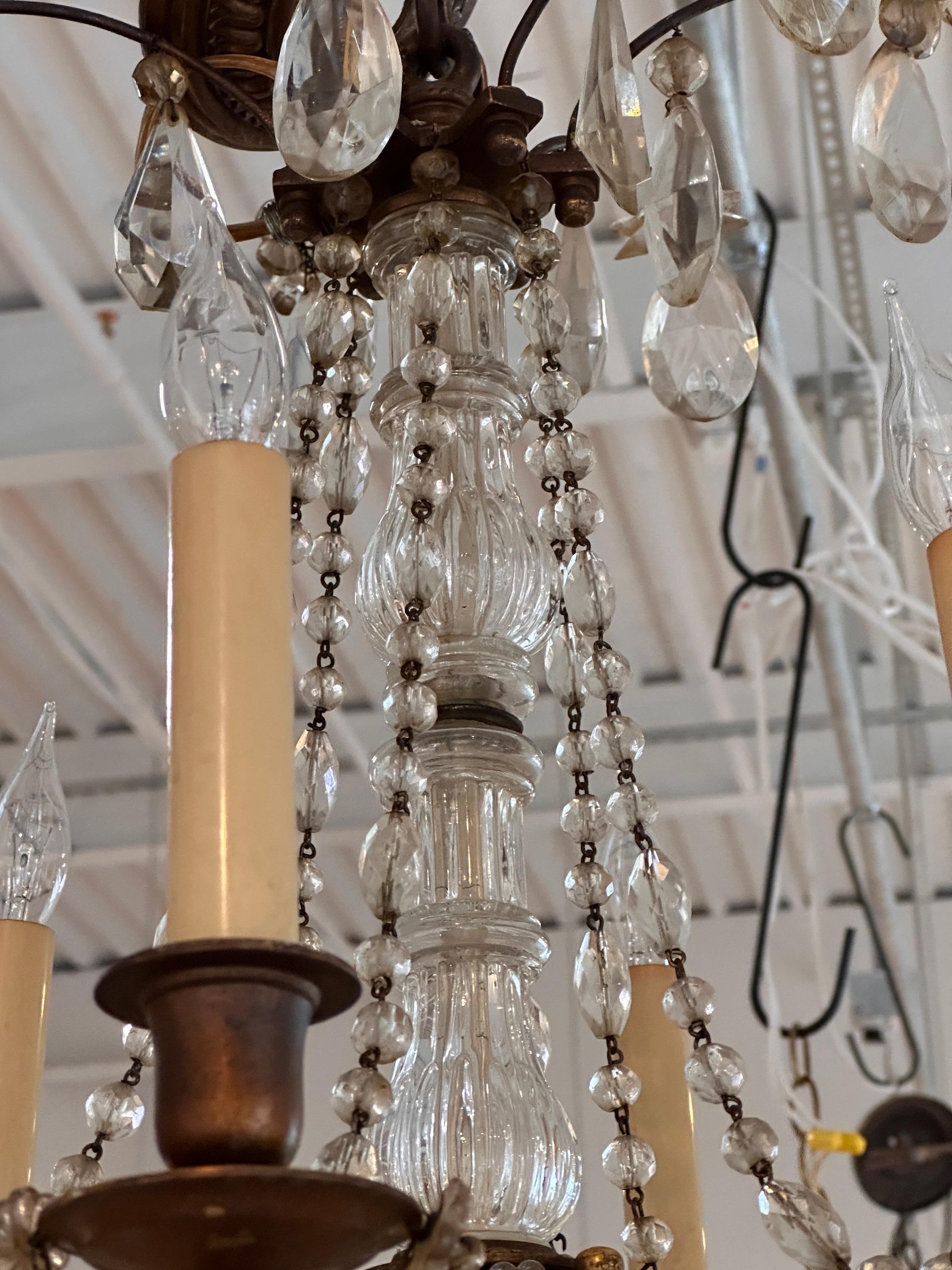 1950s Brass and Crystal Chandelier In Good Condition For Sale In Charlottesville, VA