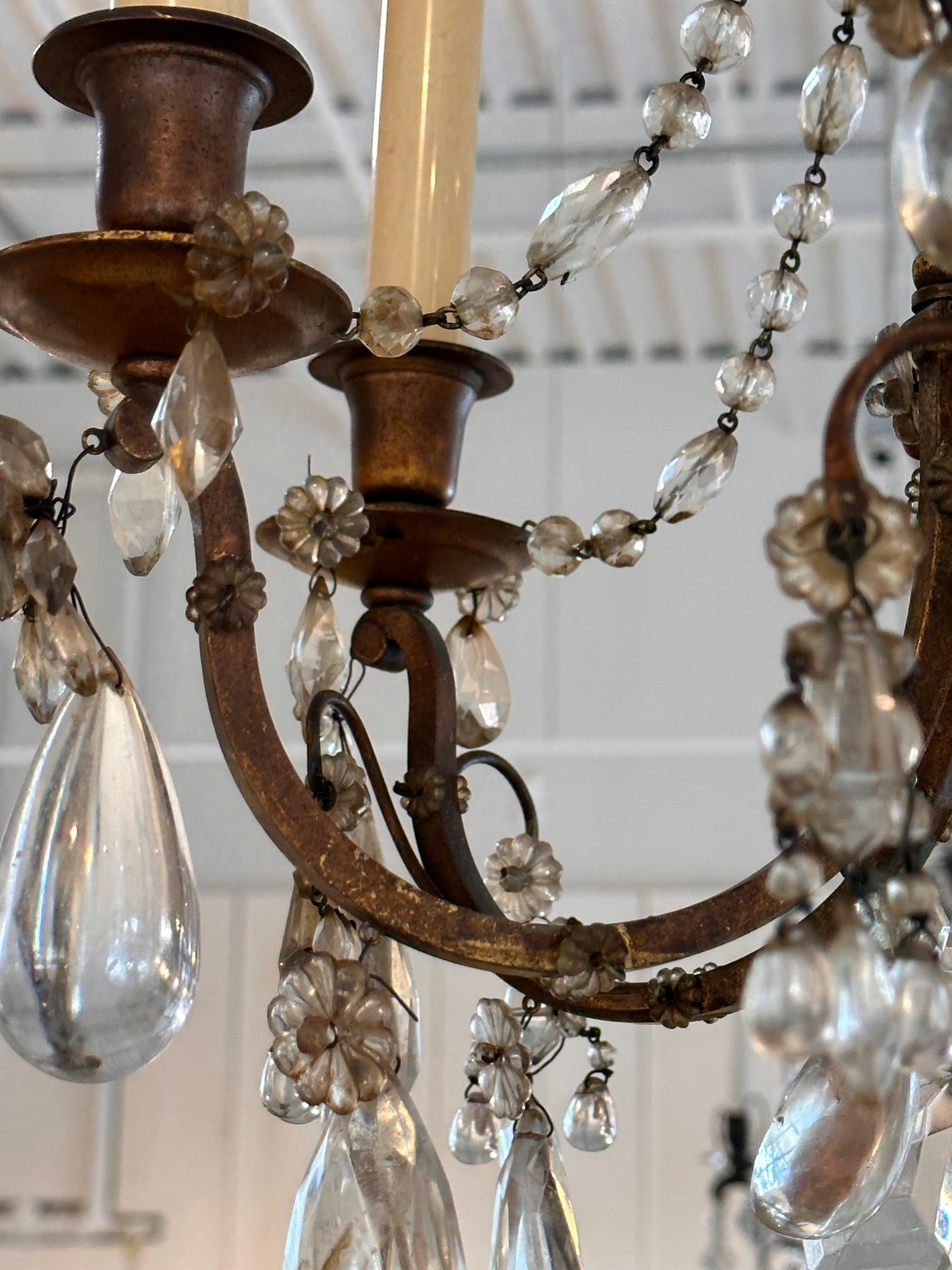 Mid-20th Century 1950s Brass and Crystal Chandelier For Sale