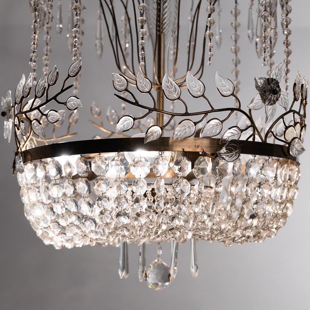 1950's Brass and Crystal Glass Chandelier Attributed to Maison Bagues For Sale 12