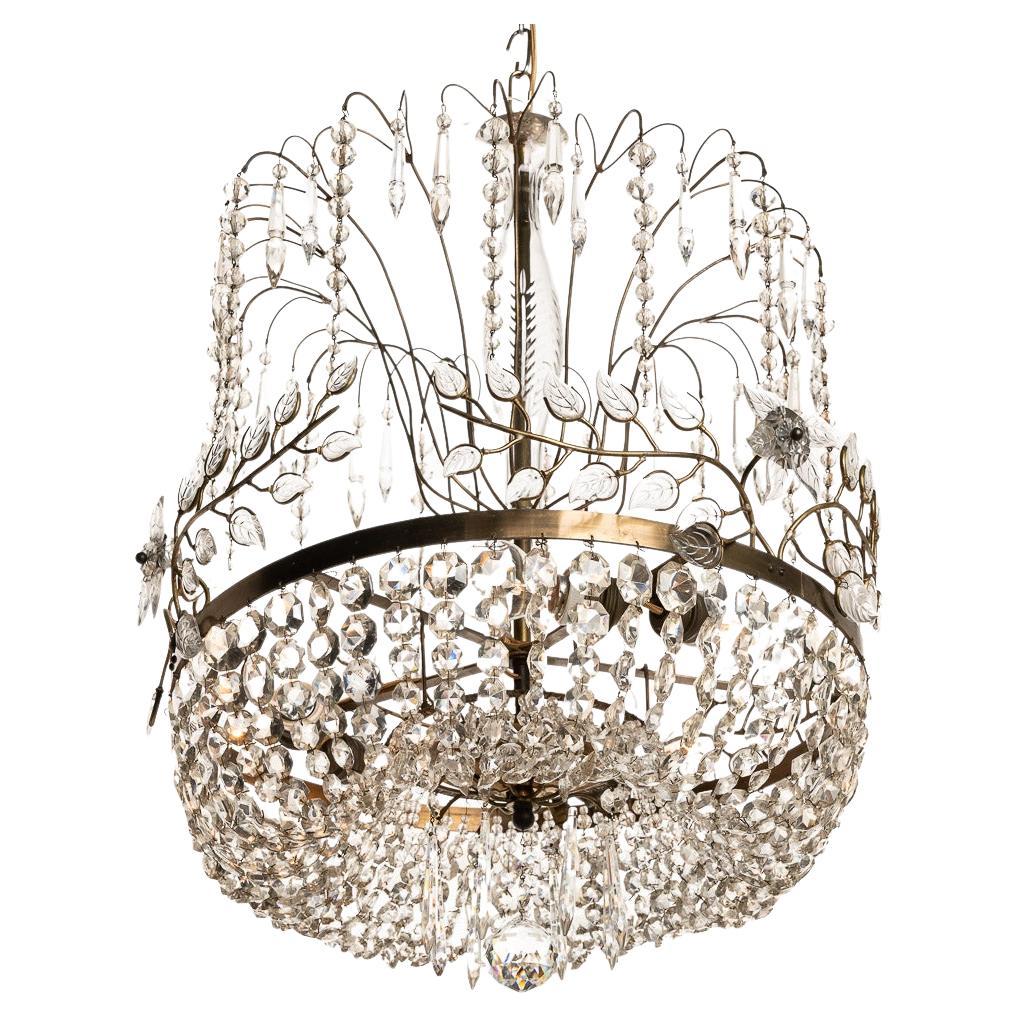 1950's Brass and Crystal Glass Chandelier Attributed to Maison Bagues For Sale